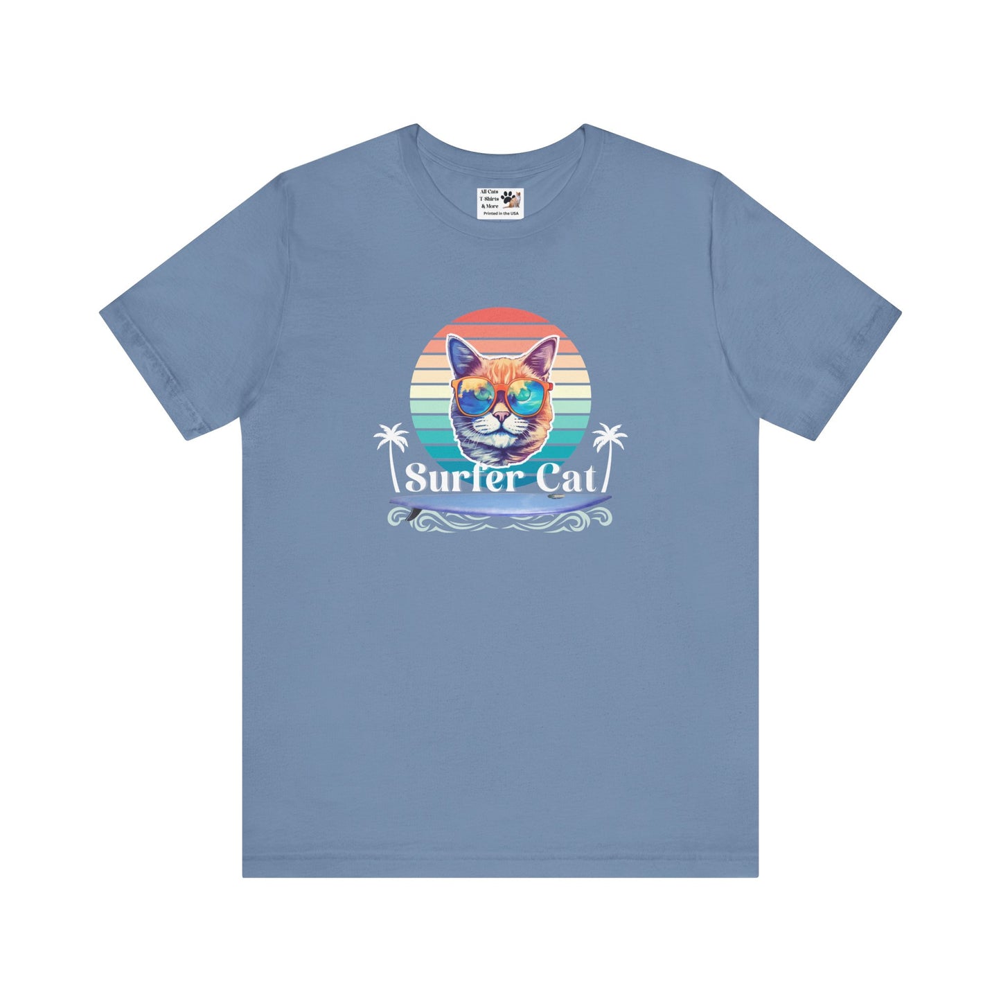 Surfer Cat Tee - Fun Unisex Jersey T-Shirt, Ocean Vibe Apparel, Cat Lover Gift, Summer Fashion, Beach Party Wear