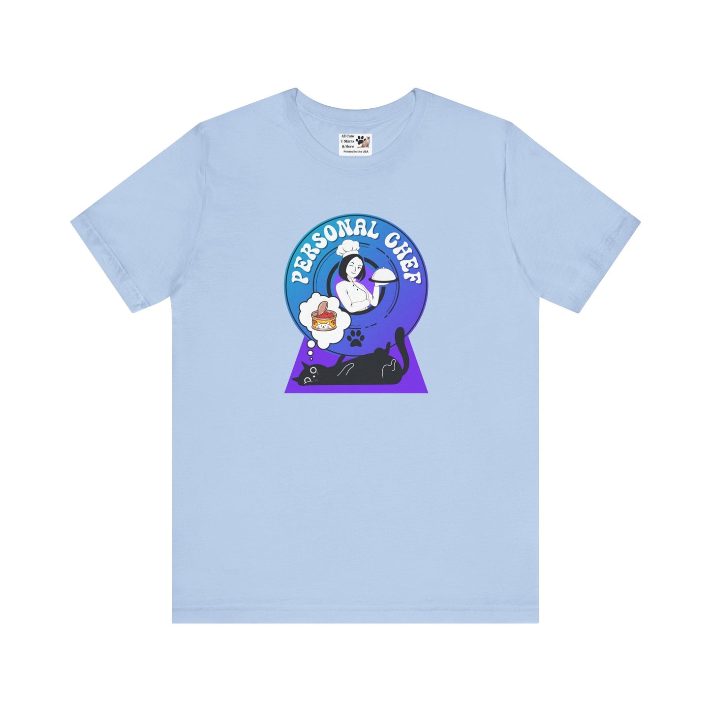 Personal Chef for Cats T-Shirt - (#7 - Black Cat & Chef Blue Purple Design - Unisex Jersey Tee – Perfect for Cat Care Givers!)