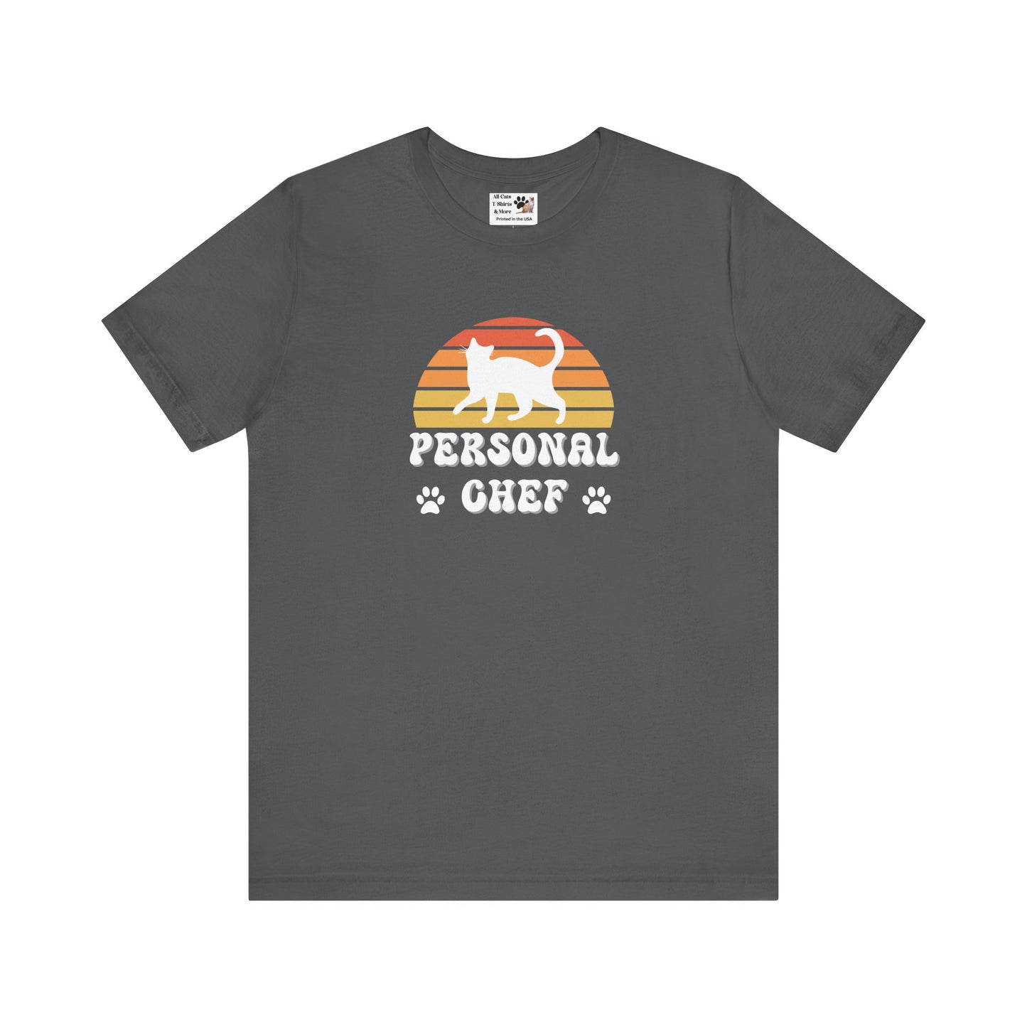 Vintage Sunset Personal Chef for Cats T-Shirt (#18 - White Cat Silhouette & Paw Prints - Unisex Jersey Tee – Funny Cat Tee)