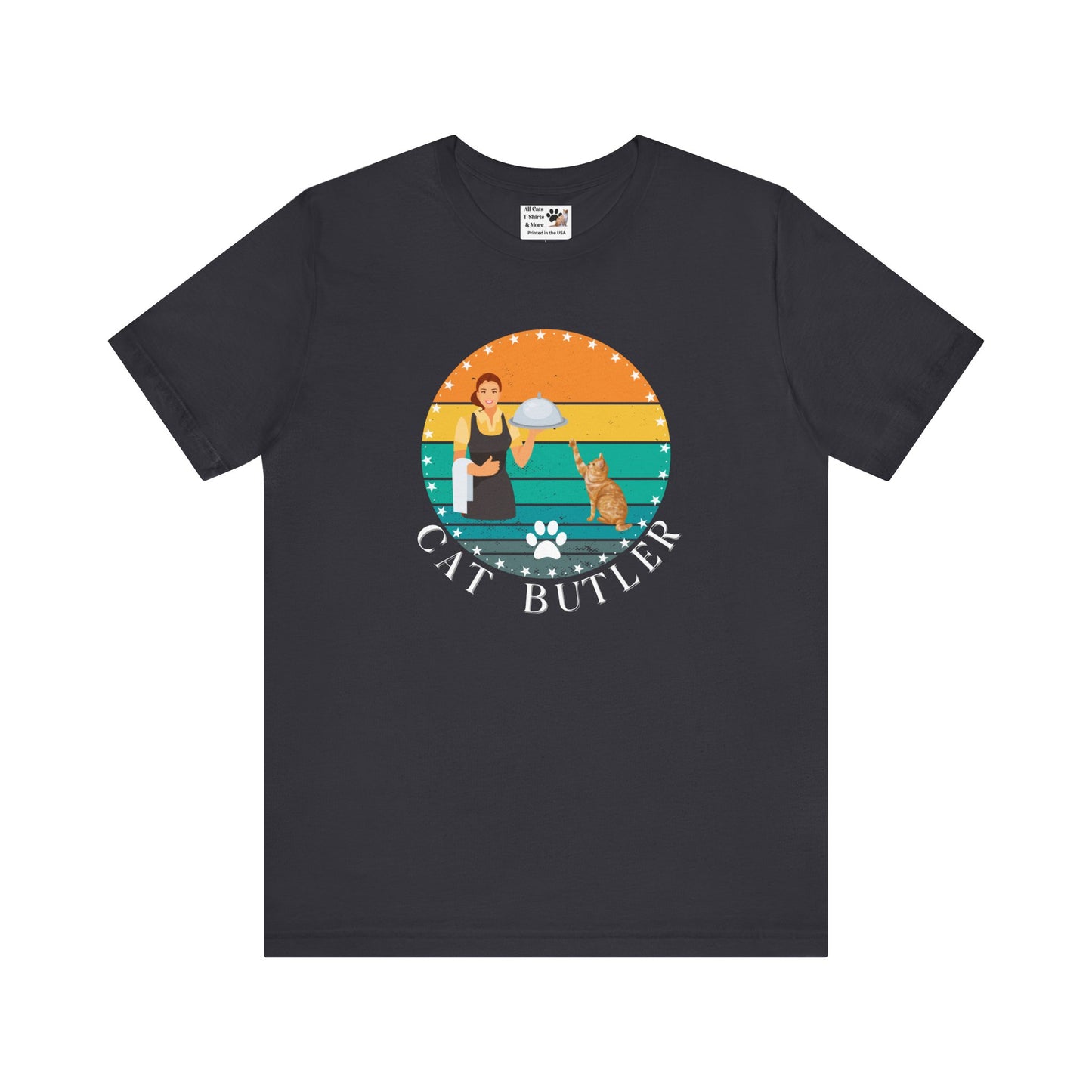 "Cat Butler" T-Shirt - With Vintage Sunset Graphic - (Unisex Jersey Short Sleeve Tee - Perfect Gift for Cat Lovers!)