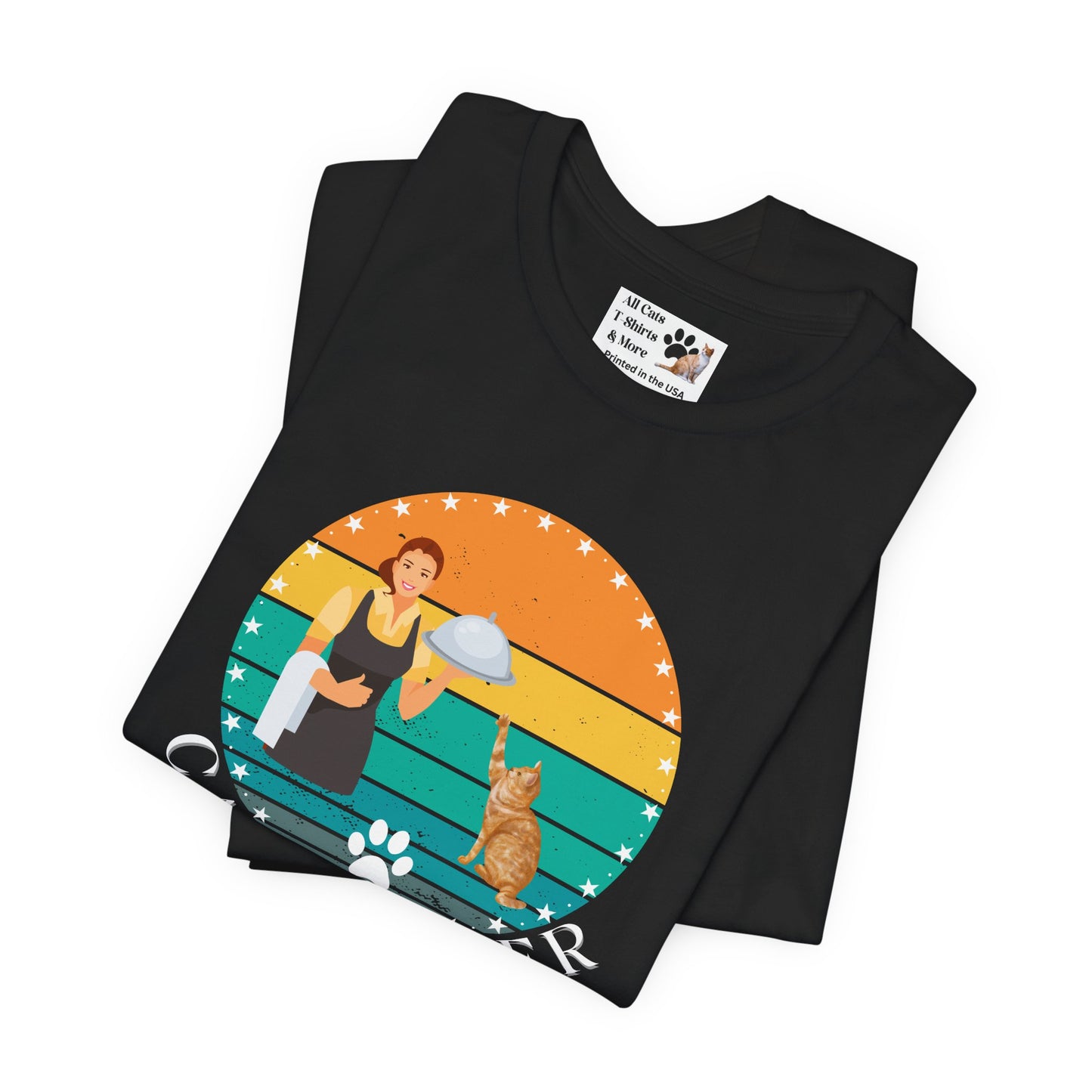 "Cat Butler" T-Shirt - With Vintage Sunset Graphic - (Unisex Jersey Short Sleeve Tee - Perfect Gift for Cat Lovers!)