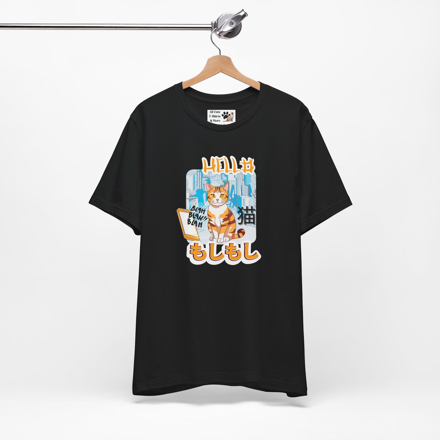 "Hello Mobile Phone Cat" - An Anime Style Graphic Tee - (Unisex Jersey Short Sleeve Tee for Cat Lovers)