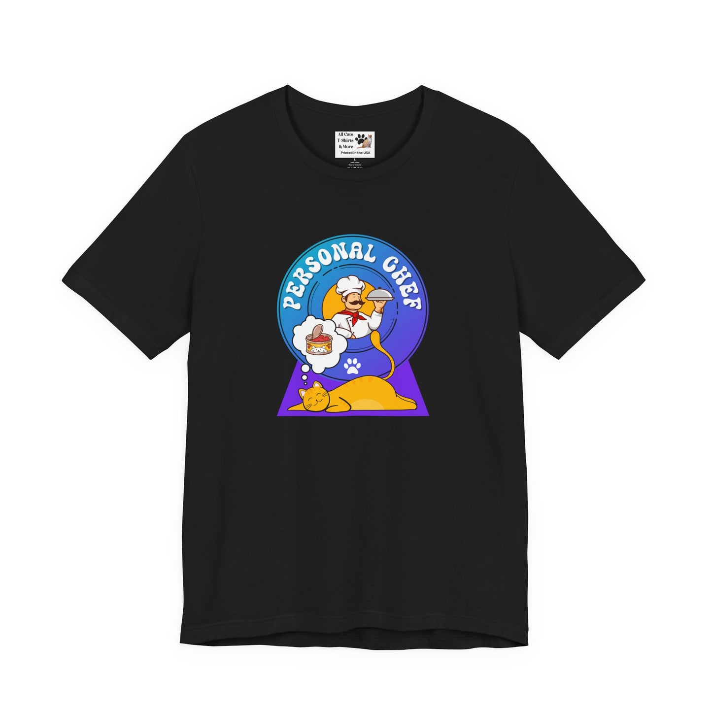 Personal Chef for Cats T-Shirt (#1 - Orange Cat Blue Purple Design - Unisex Jersey Tee ā Perfect Cat Care Givers!)