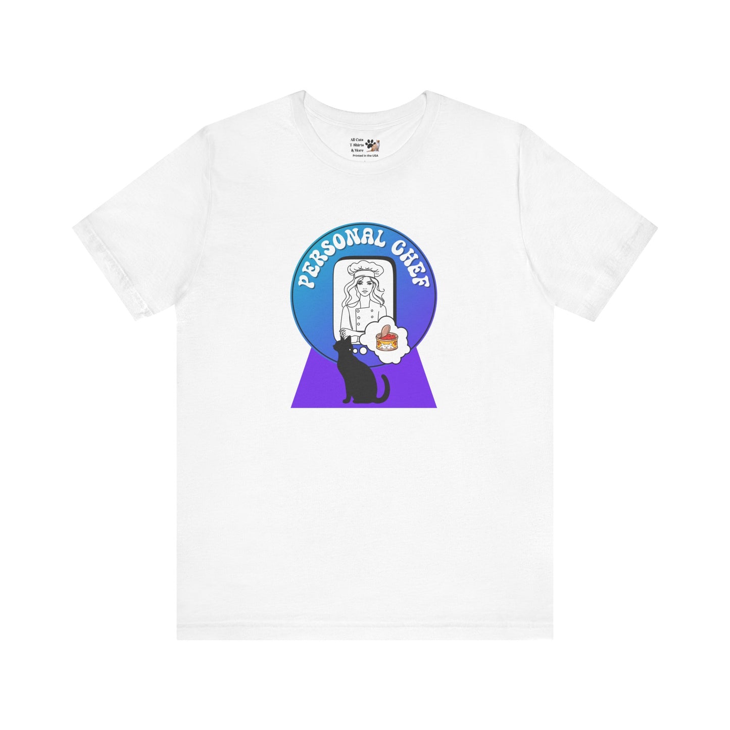 Personal Chef for Cats T-Shirt - (#11 - Black Cat Silhouette & Chef Blue Purple Design - Unisex Jersey Tee – Perfect for Cat Care Givers!)