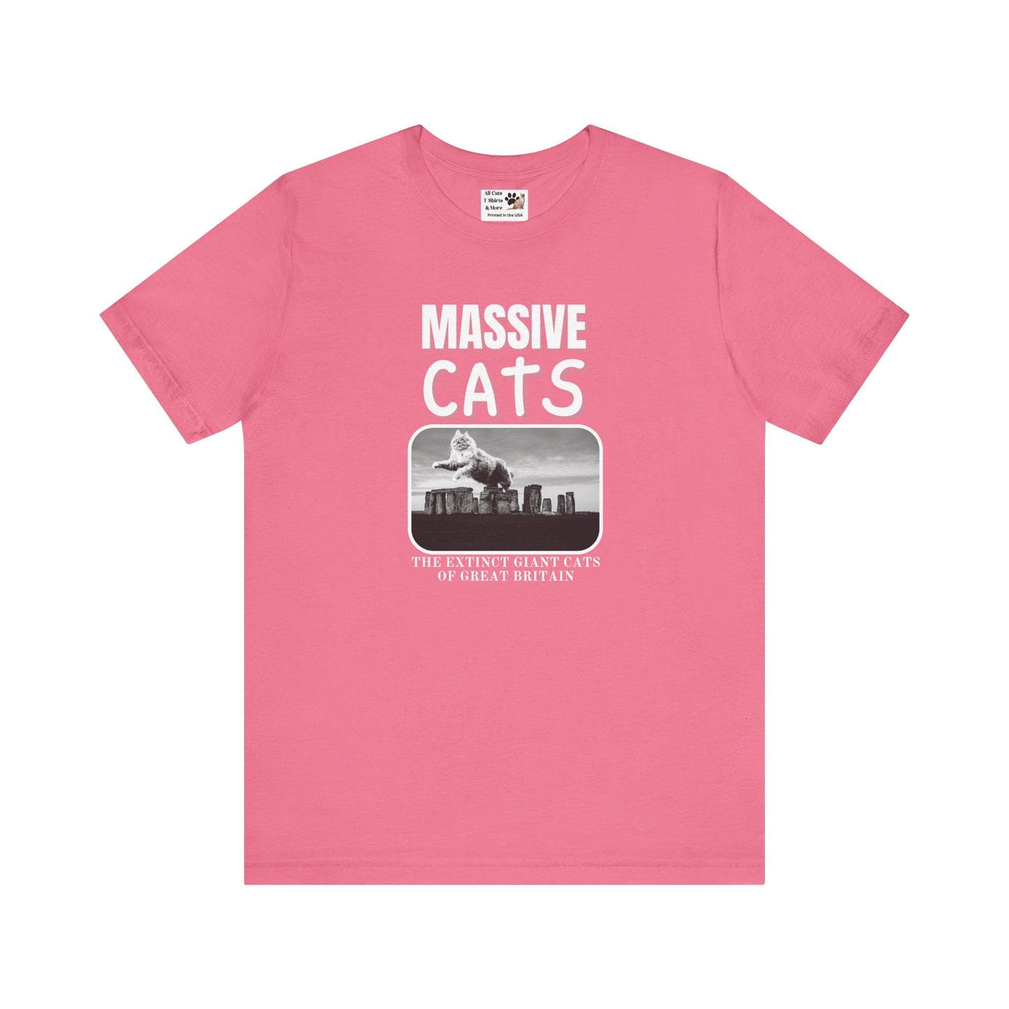 A Massive Cats T-Shirt - Huge Cat Jumping Over Stone Henge - (Funny Cat Unisex Jersey Tee - Perfect for Cat Fans!)