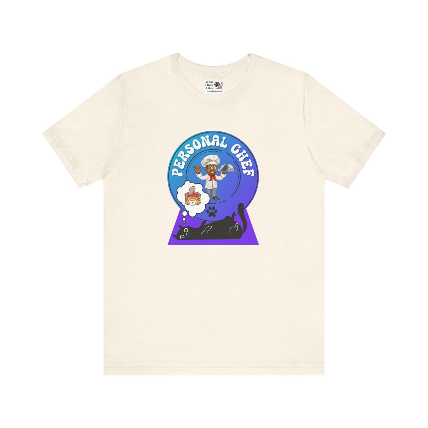 Personal Chef for Cats T-Shirt (#5 - Black Cat & Chef Blue Purple Design - Unisex Jersey Tee – Perfect Cat Care Givers!)