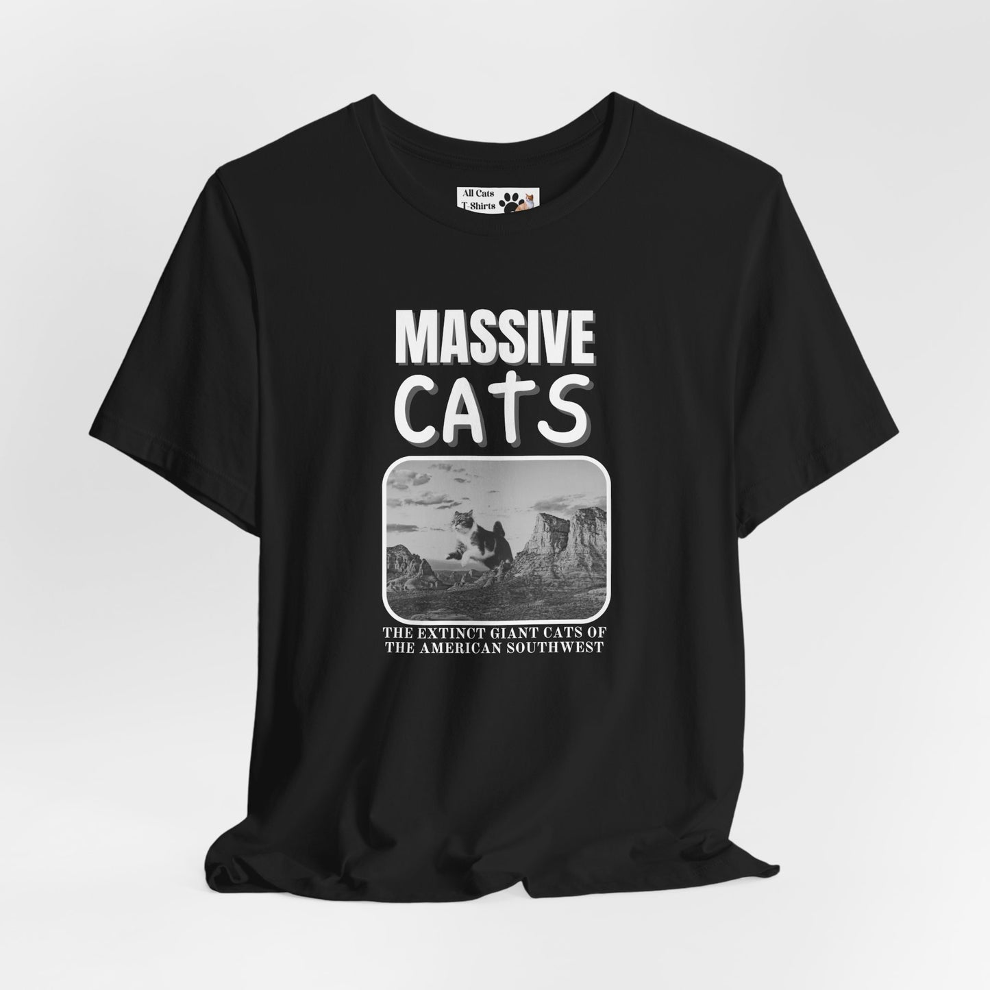 A Massive Cats T-Shirt - Huge Cat Jumping Over Hill - (Vintage Inspired, Funny Cat Unisex Jersey Tee - Perfect for Cat Fans!)