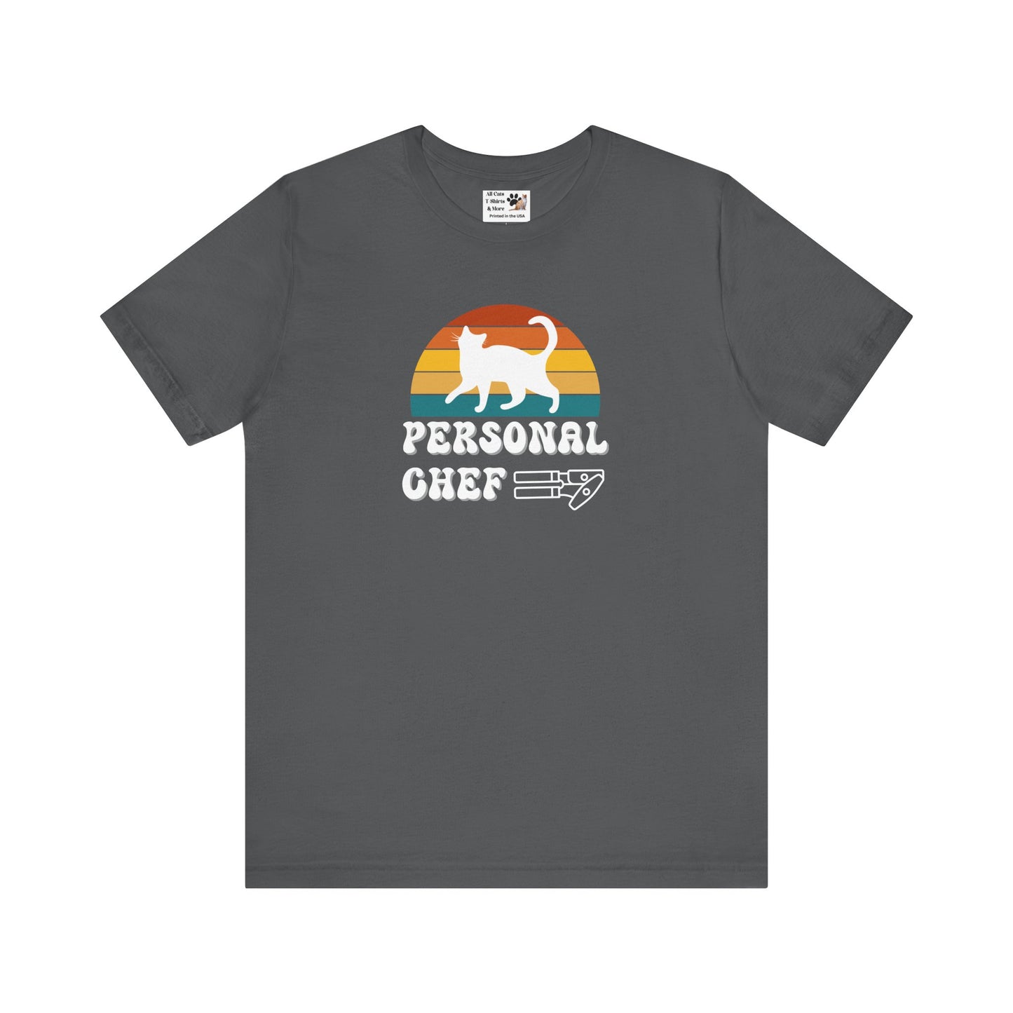 Vintage Sunset Personal Chef for Cats T-Shirt (#17 - White Cat Silhouette & Can Opener - Unisex Jersey Tee – Funny Cat Tee)
