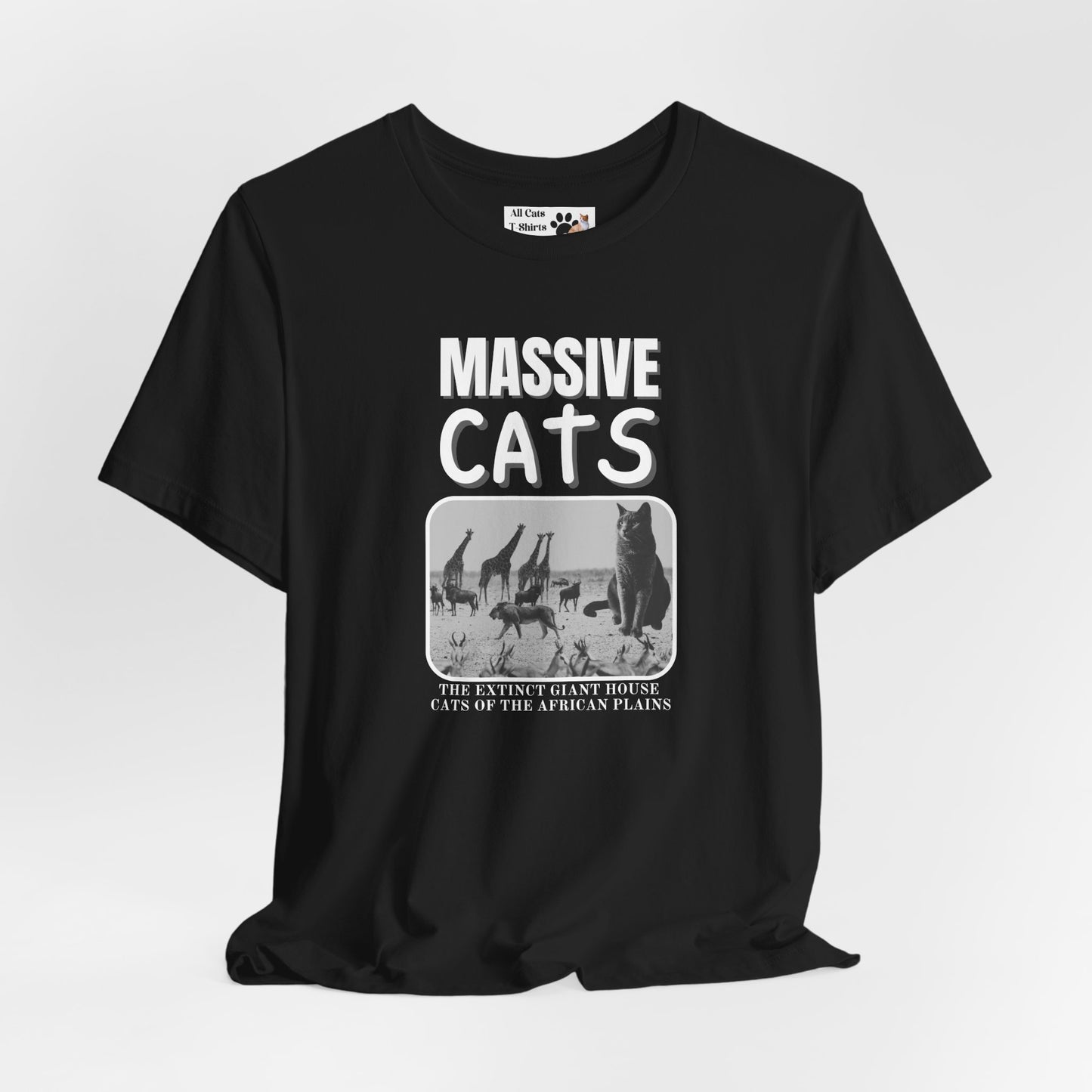 A Massive Cats T-Shirt - Huge House Cat on African Plain - (Vintage Inspired, Funny Cat Unisex Jersey Tee - Perfect for Cat Fans!)