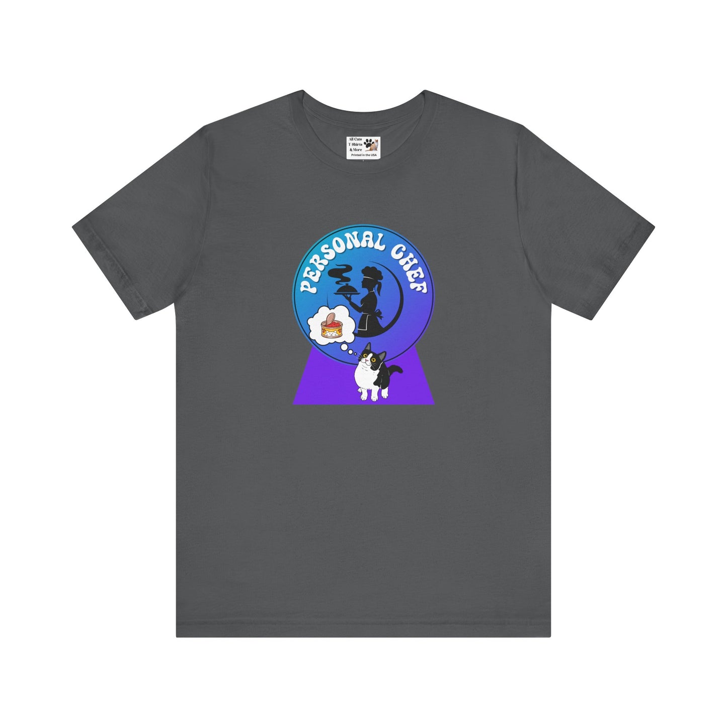 Personal Chef for Cats T-Shirt - (#9 - B/W Cat & Chef Silhouette Blue Purple Design - Unisex Jersey Tee ā Perfect for Cat Care Givers!)