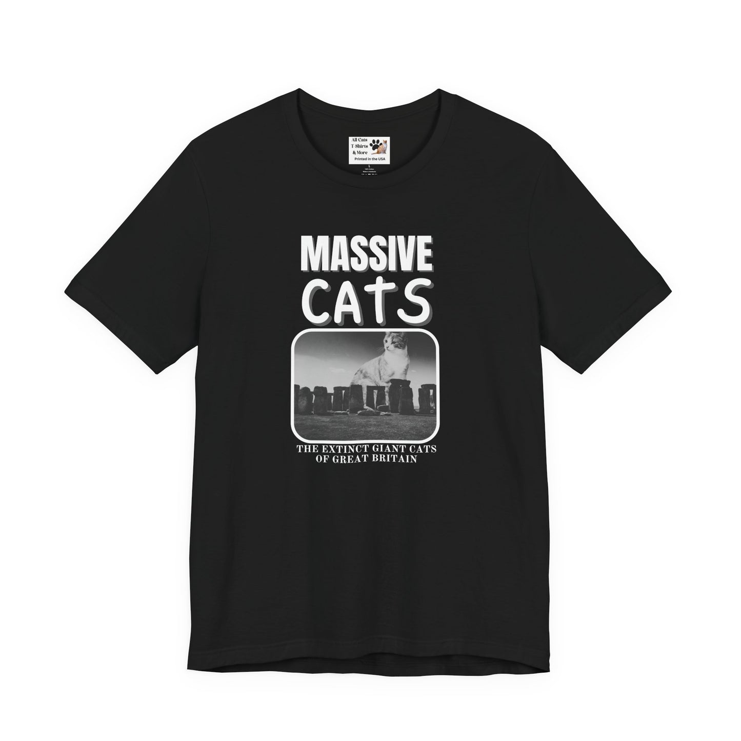 A Massive Cats T-Shirt - Huge Cat Sitting Behind Stone Henge - (Vintage Inspired, Funny Cat Unisex Jersey Tee - Perfect for Cat Fans!)