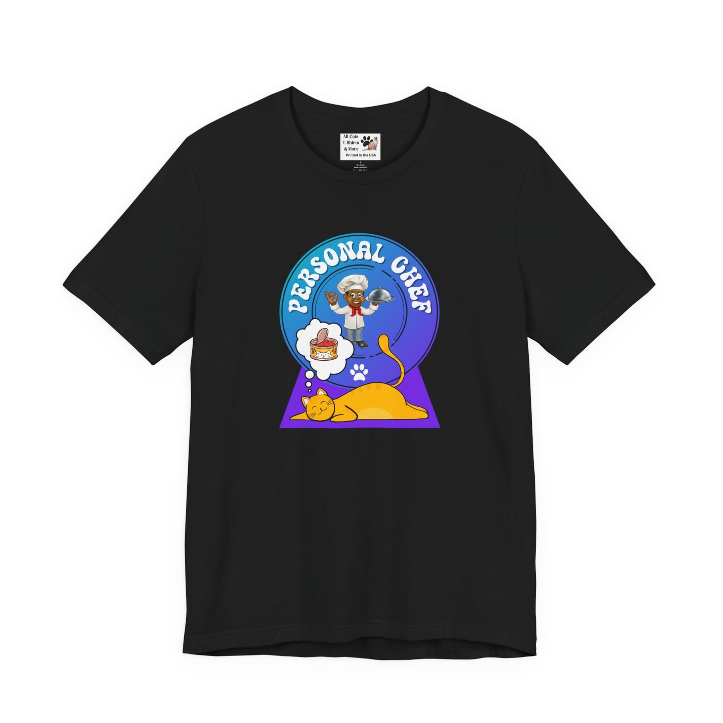 Personal Chef for Cats T-Shirt (#3 - Orange Cat & Chef Blue Purple Design - Unisex Jersey Tee – Perfect Cat Care Givers!)