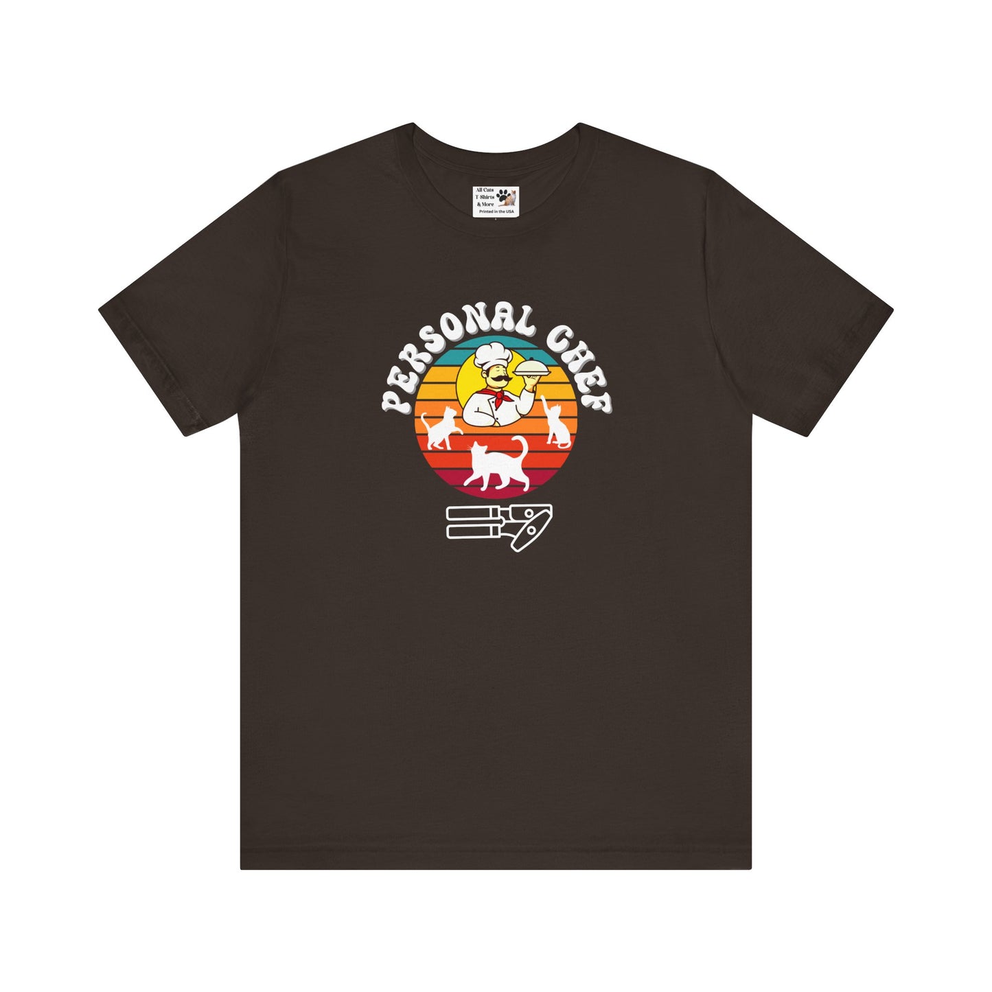Vintage Sunset Personal Chef for Cats T-Shirt (#16 - Three Cats, Italian Chef & Can Opener - Unisex Jersey Tee – Funny Cat Tee)