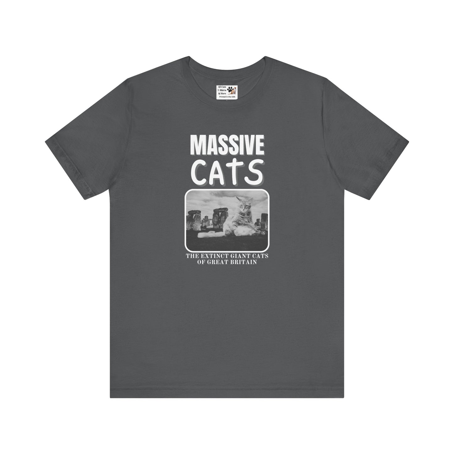 A Massive Cats T-Shirt - Huge Cat Sitting In Front of Stone Henge - (Vintage Inspired, Funny Cat Unisex Jersey Tee - Perfect for Cat Fans!)
