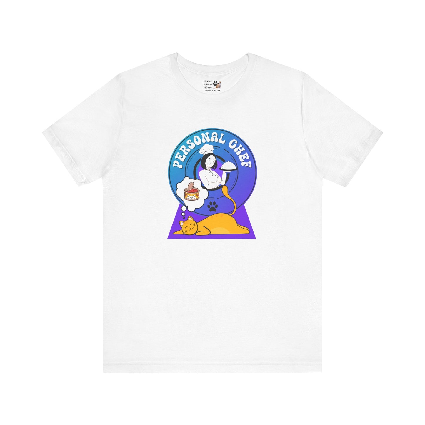 Personal Chef for Cats T-Shirt - (#6 - Orange Cat & Chef Blue Purple Design - Unisex Jersey Tee – Perfect for Cat Care Givers!)