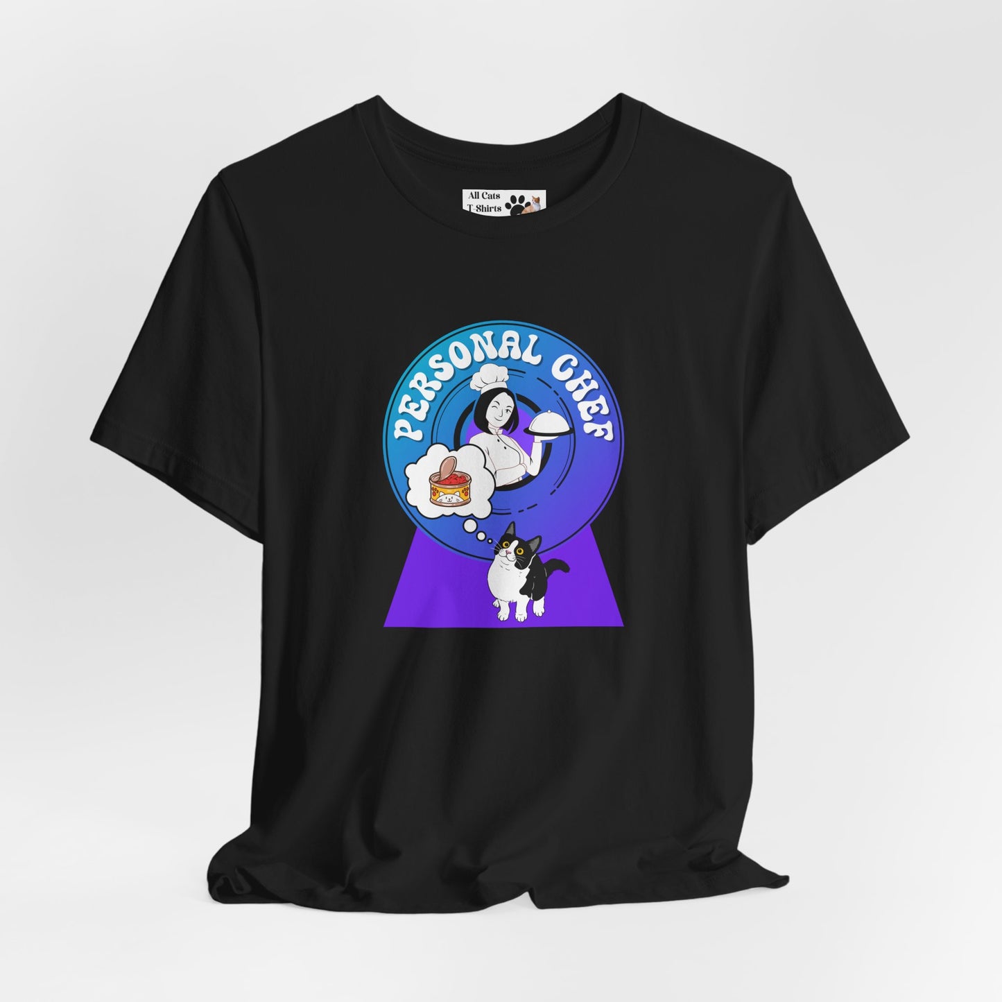Personal Chef for Cats T-Shirt - (#8 - B/W Cat & Chef Blue Purple Design - Unisex Jersey Tee – Perfect for Cat Care Givers!)