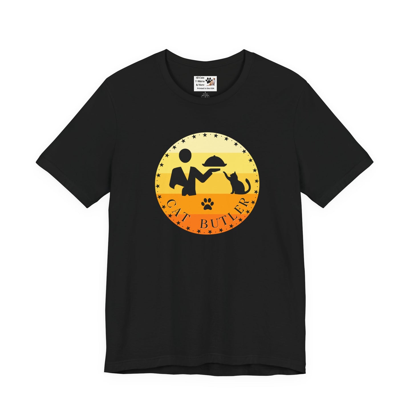 "Cat Butler" T-Shirt - With Vintage Sunset Graphic - (Unisex Jersey Short Sleeve Tee - Perfect Gift for Cat Lovers!)