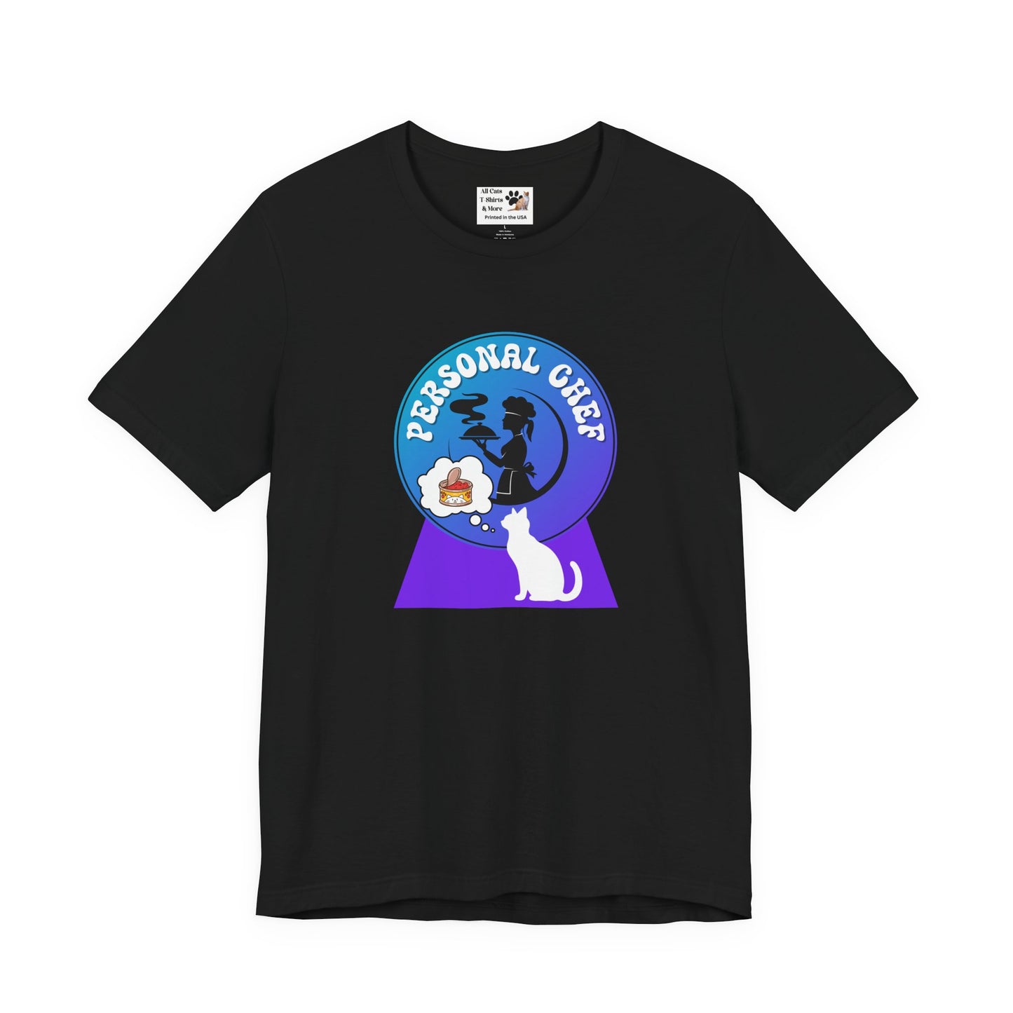 Personal Chef for Cats T-Shirt - (#10 - White Cat & Chef Silhouettes Blue Purple Design - Unisex Jersey Tee – Perfect for Cat Care Givers!)
