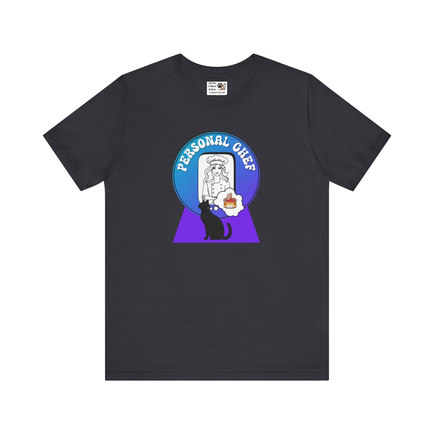 Personal Chef for Cats T-Shirt - (#11 - Black Cat Silhouette & Chef Blue Purple Design - Unisex Jersey Tee – Perfect for Cat Care Givers!)