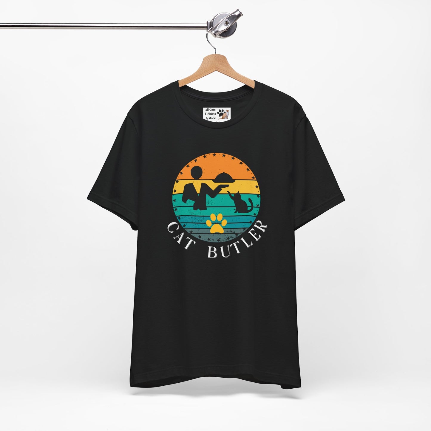 "Cat Butler" T-Shirt - With Vintage Sunset Style Graphic - (Unisex Jersey Short Sleeve Tee - Perfect Gift for Cat Lovers!)