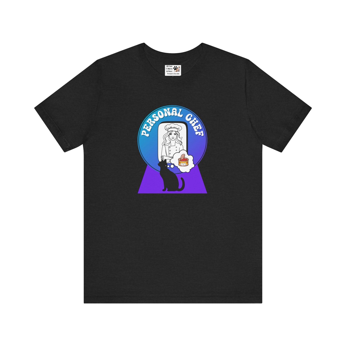 Personal Chef for Cats T-Shirt - (#11 - Black Cat Silhouette & Chef Blue Purple Design - Unisex Jersey Tee – Perfect for Cat Care Givers!)