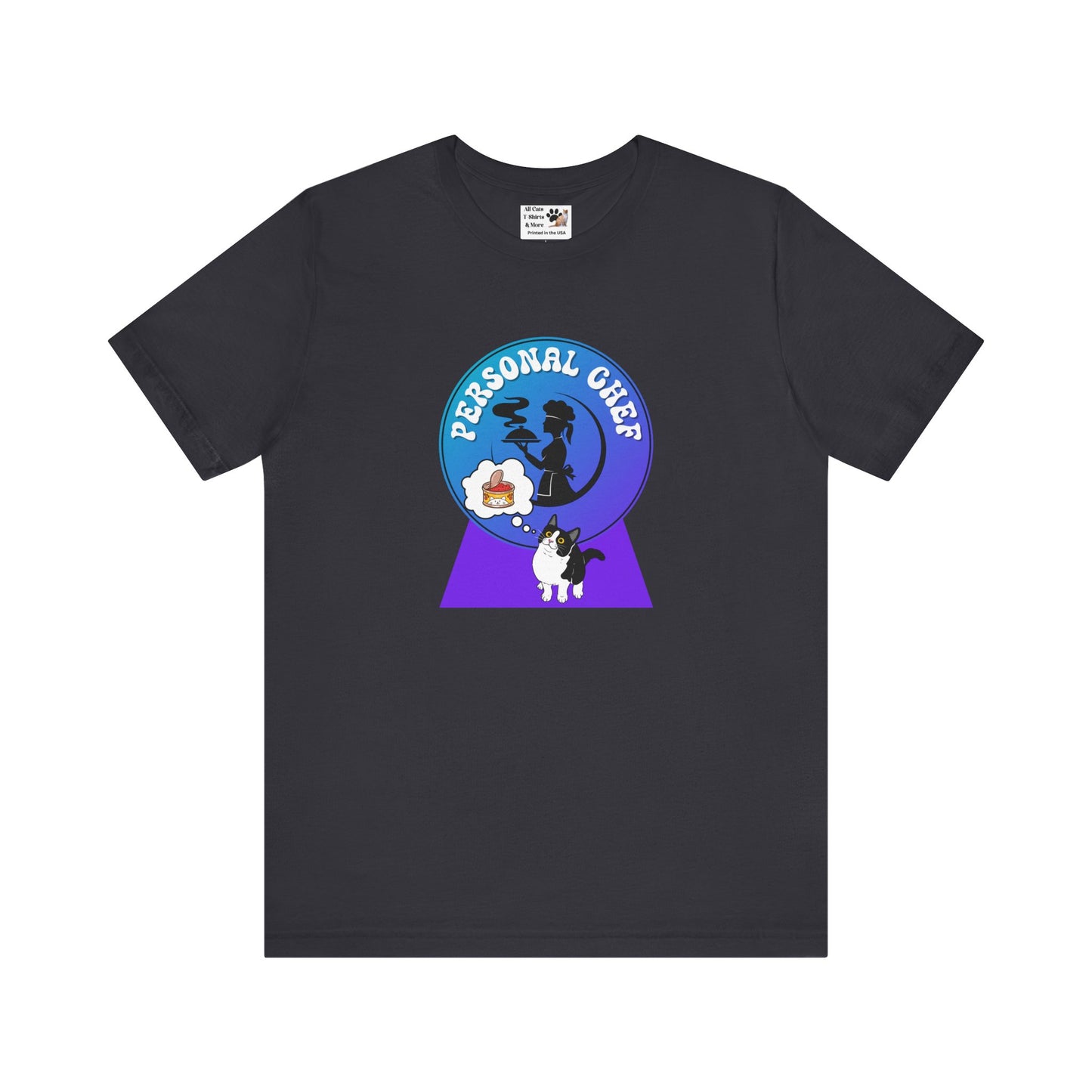 Personal Chef for Cats T-Shirt - (#9 - B/W Cat & Chef Silhouette Blue Purple Design - Unisex Jersey Tee ā Perfect for Cat Care Givers!)