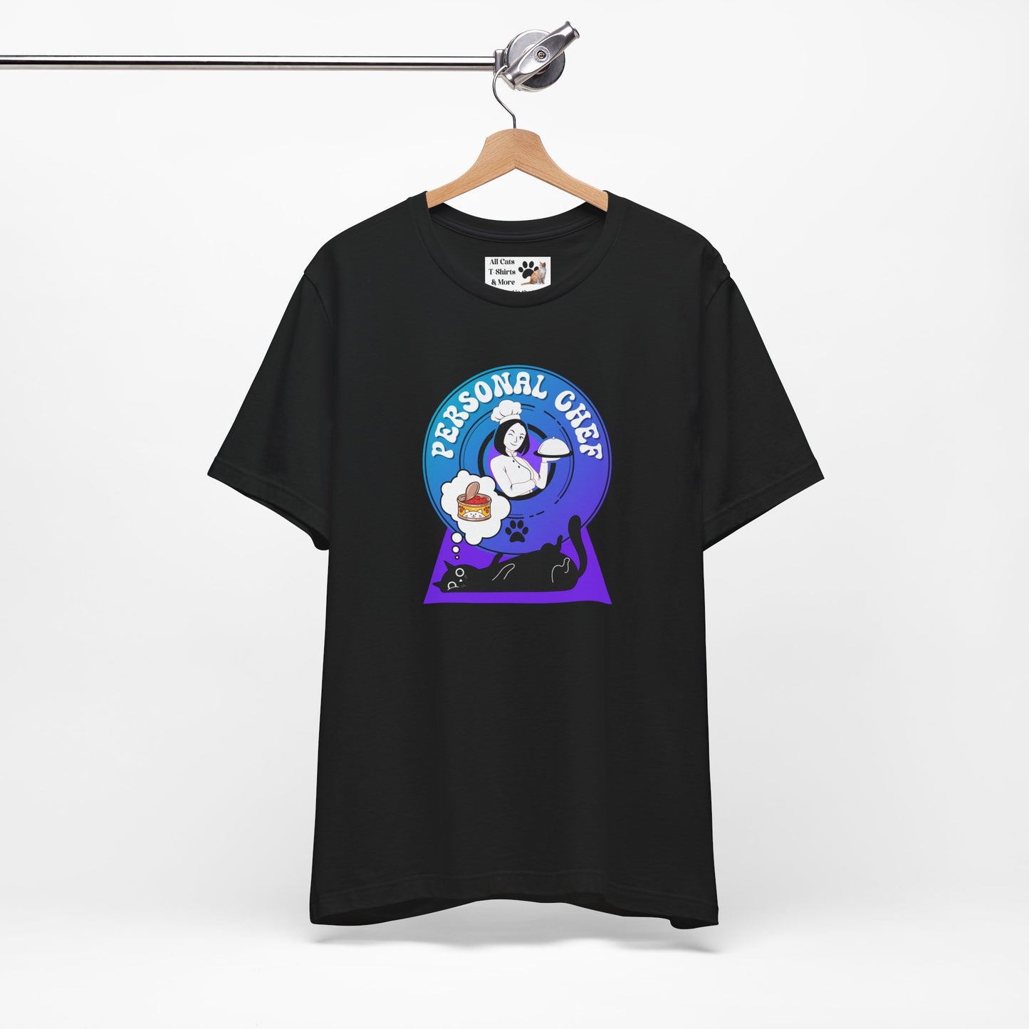Personal Chef for Cats T-Shirt - (#7 - Black Cat & Chef Blue Purple Design - Unisex Jersey Tee – Perfect for Cat Care Givers!)