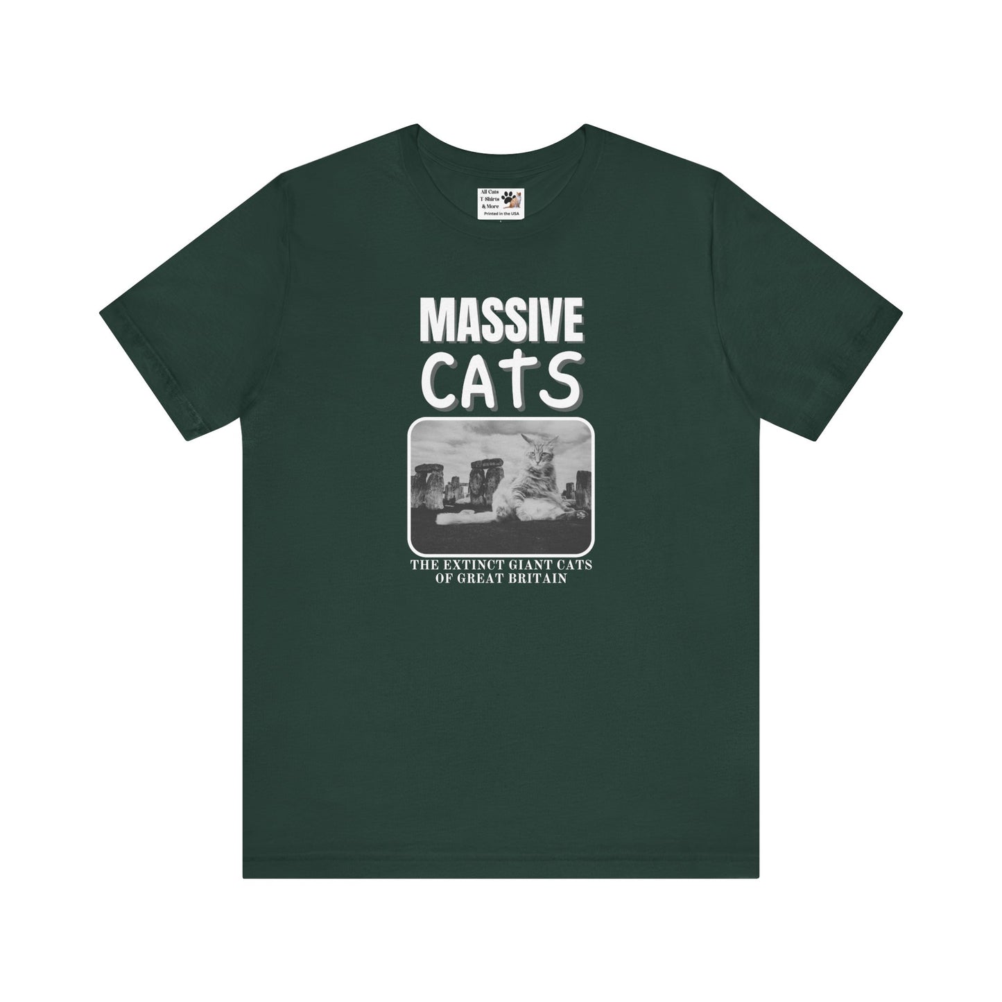 A Massive Cats T-Shirt - Huge Cat Sitting In Front of Stone Henge - (Vintage Inspired, Funny Cat Unisex Jersey Tee - Perfect for Cat Fans!)
