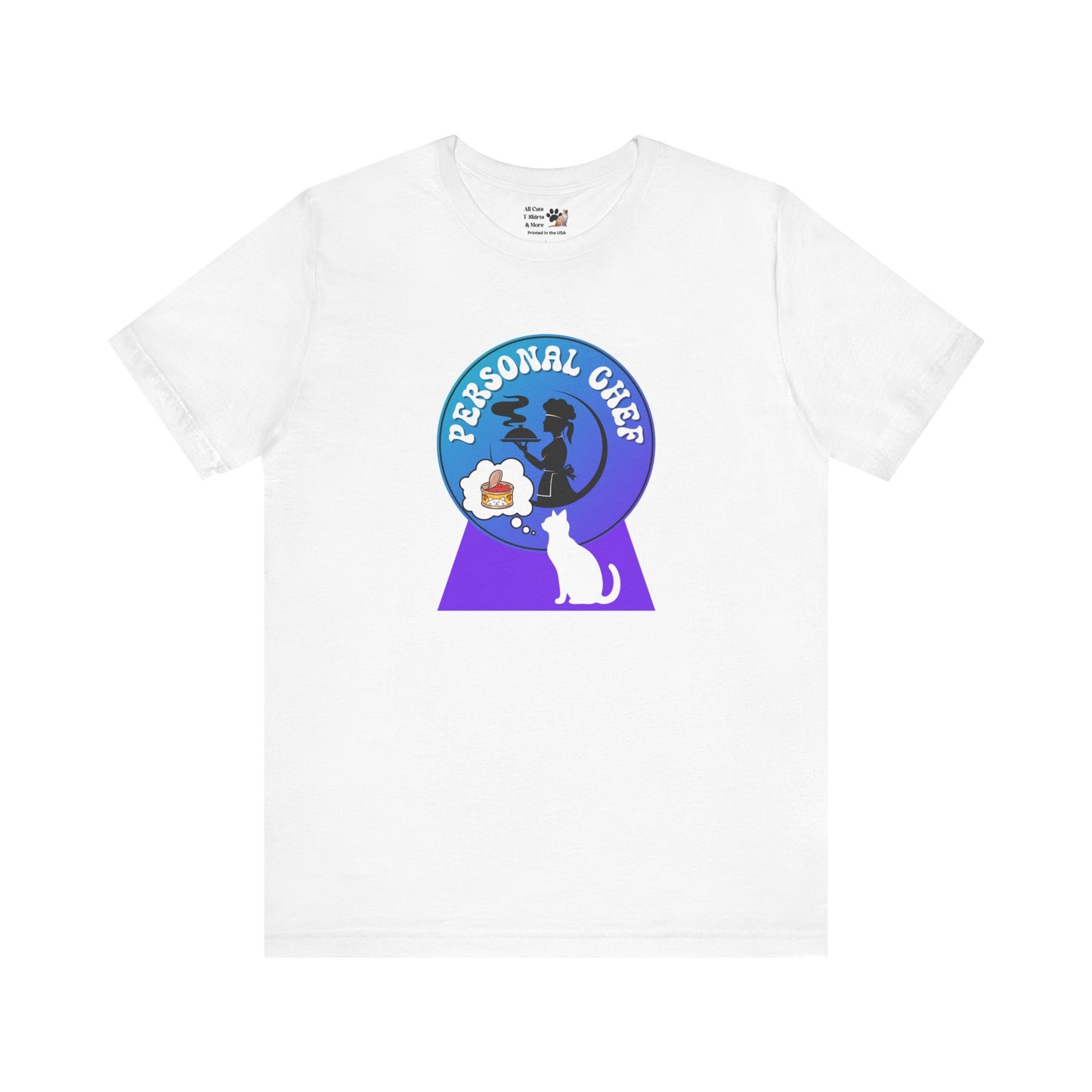 Personal Chef for Cats T-Shirt - (#10 - White Cat & Chef Silhouettes Blue Purple Design - Unisex Jersey Tee – Perfect for Cat Care Givers!)