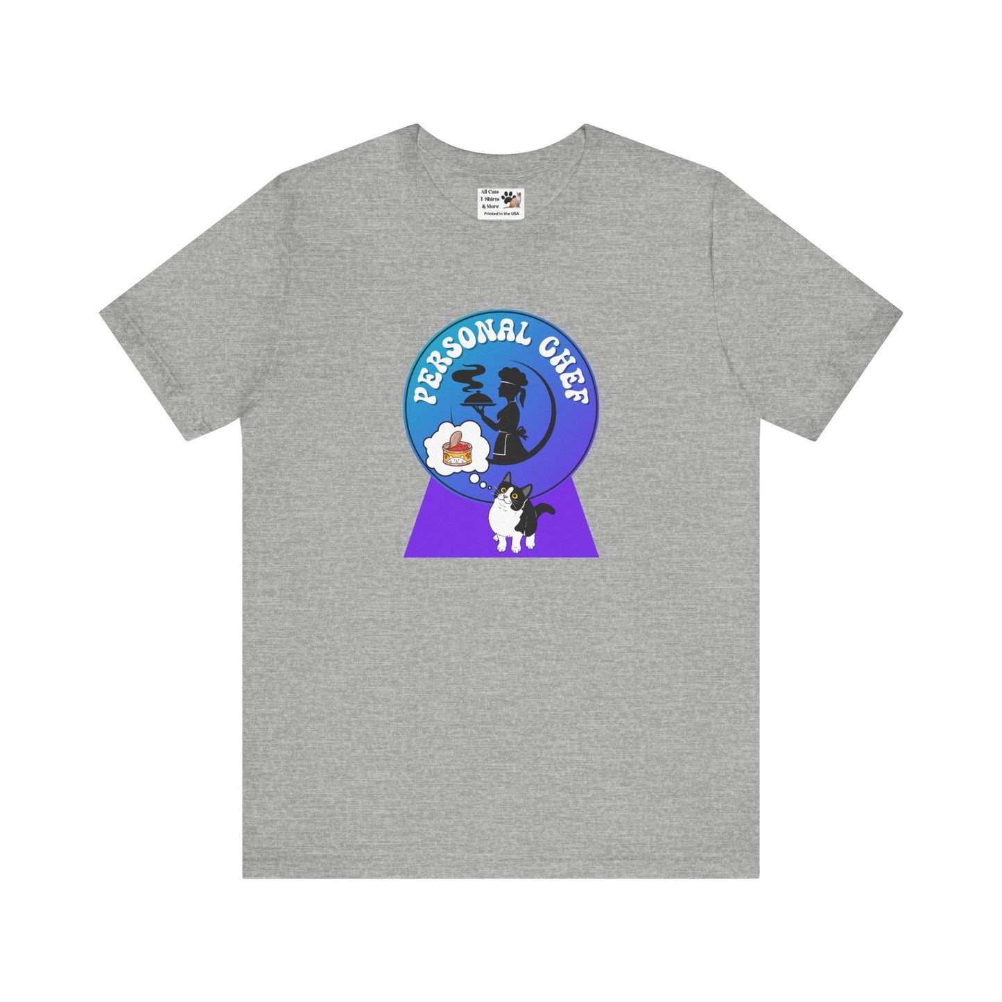 Personal Chef for Cats T-Shirt - (#9 - B/W Cat & Chef Silhouette Blue Purple Design - Unisex Jersey Tee ā Perfect for Cat Care Givers!)