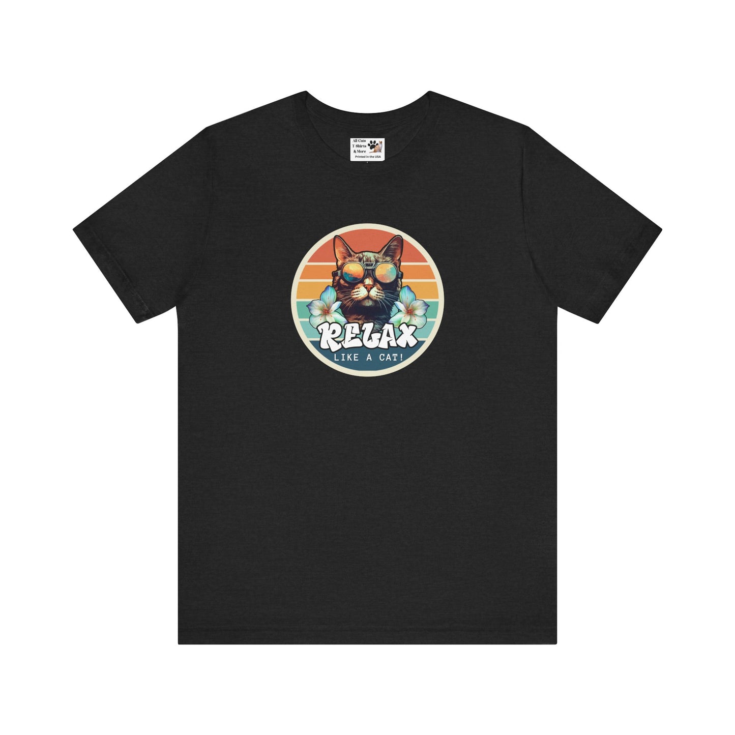 Relax Like a Cat T-Shirt - (Vintage Sunset Style Graphic, Chill Cat Graphic Tee, Unisex Casual Wear, Gift for Cat Lovers)