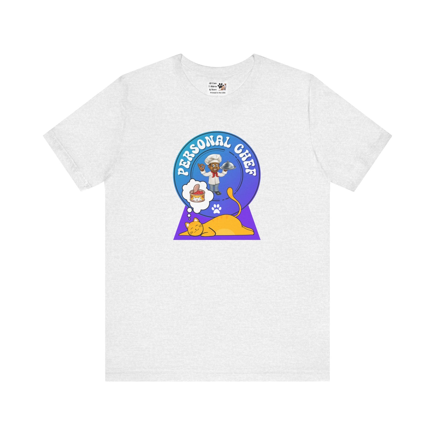 Personal Chef for Cats T-Shirt (#3 - Orange Cat & Chef Blue Purple Design - Unisex Jersey Tee – Perfect Cat Care Givers!)