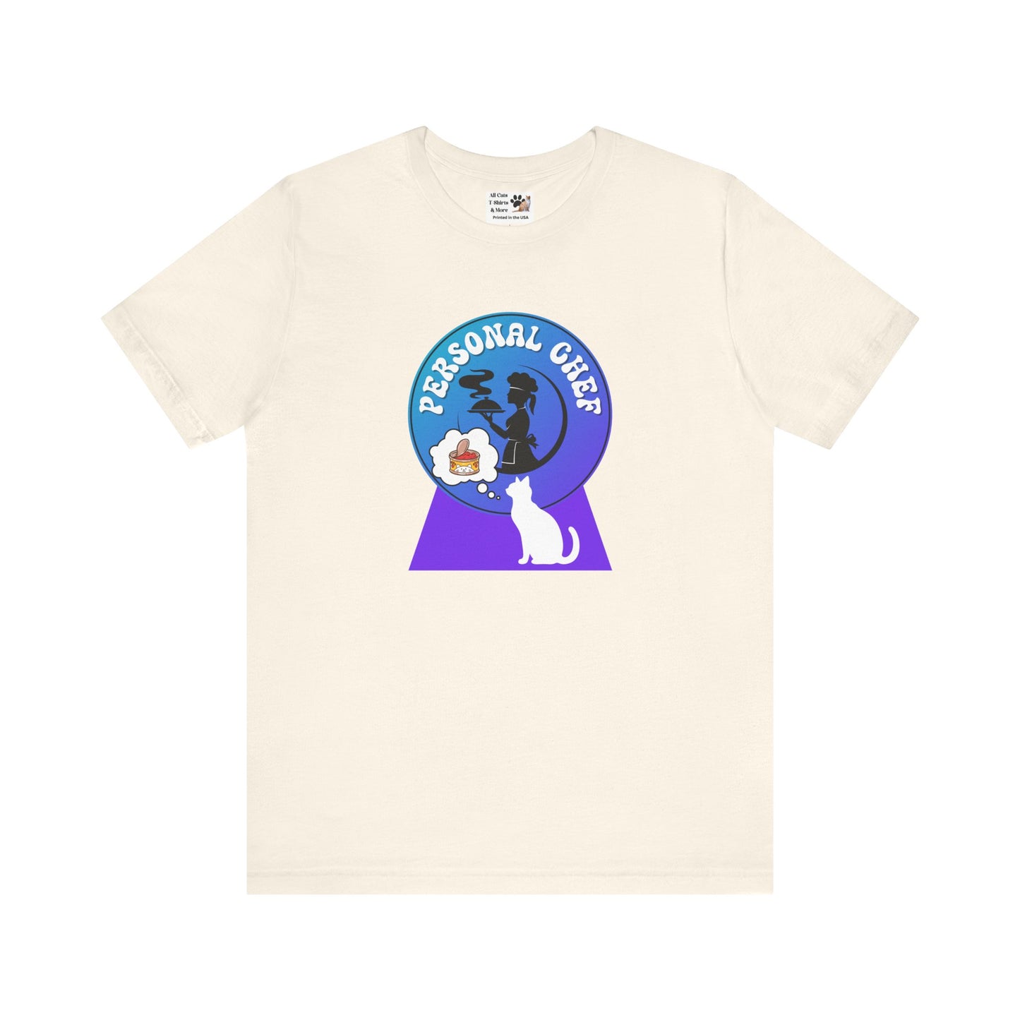 Personal Chef for Cats T-Shirt - (#10 - White Cat & Chef Silhouettes Blue Purple Design - Unisex Jersey Tee – Perfect for Cat Care Givers!)
