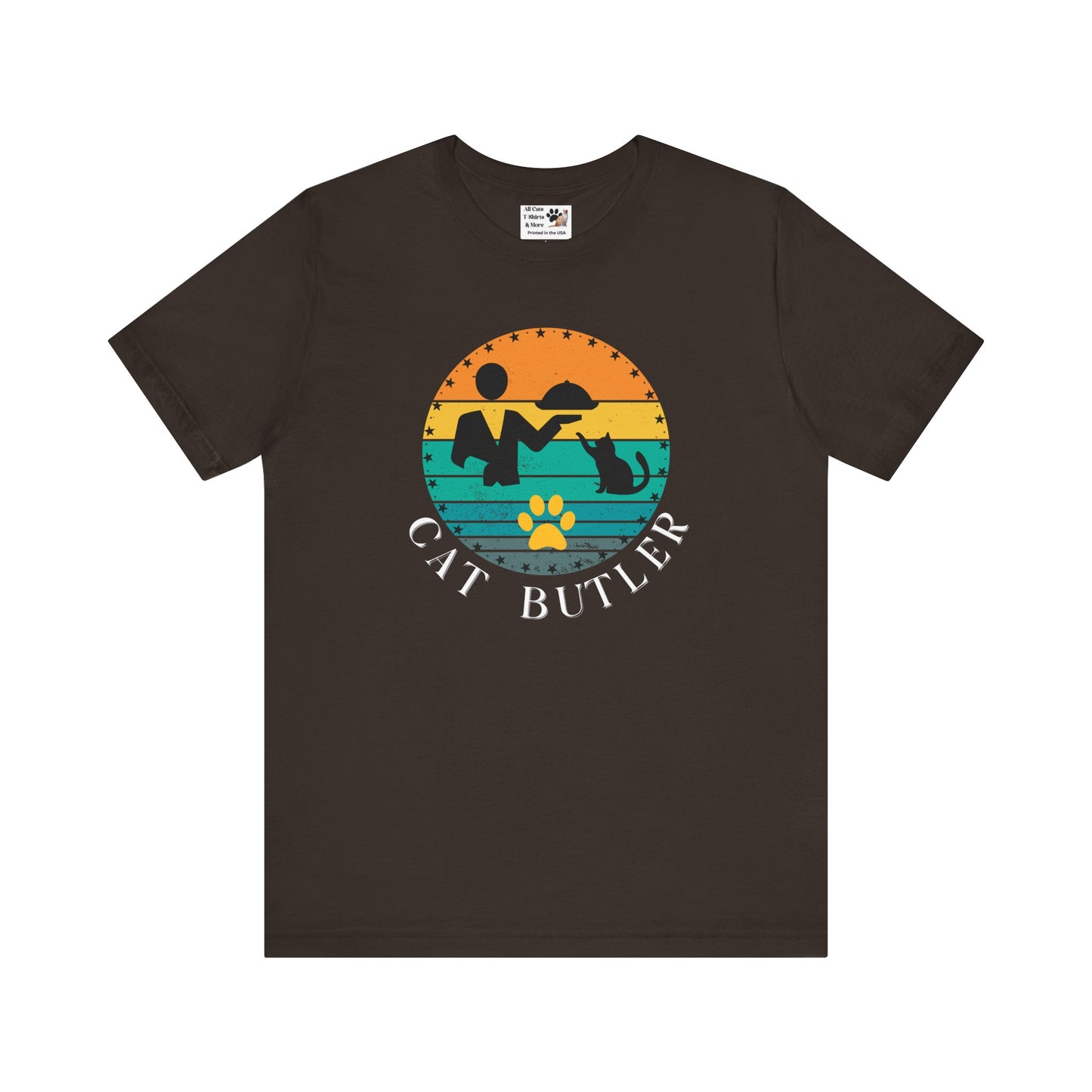 "Cat Butler" T-Shirt - With Vintage Sunset Style Graphic - (Unisex Jersey Short Sleeve Tee - Perfect Gift for Cat Lovers!)