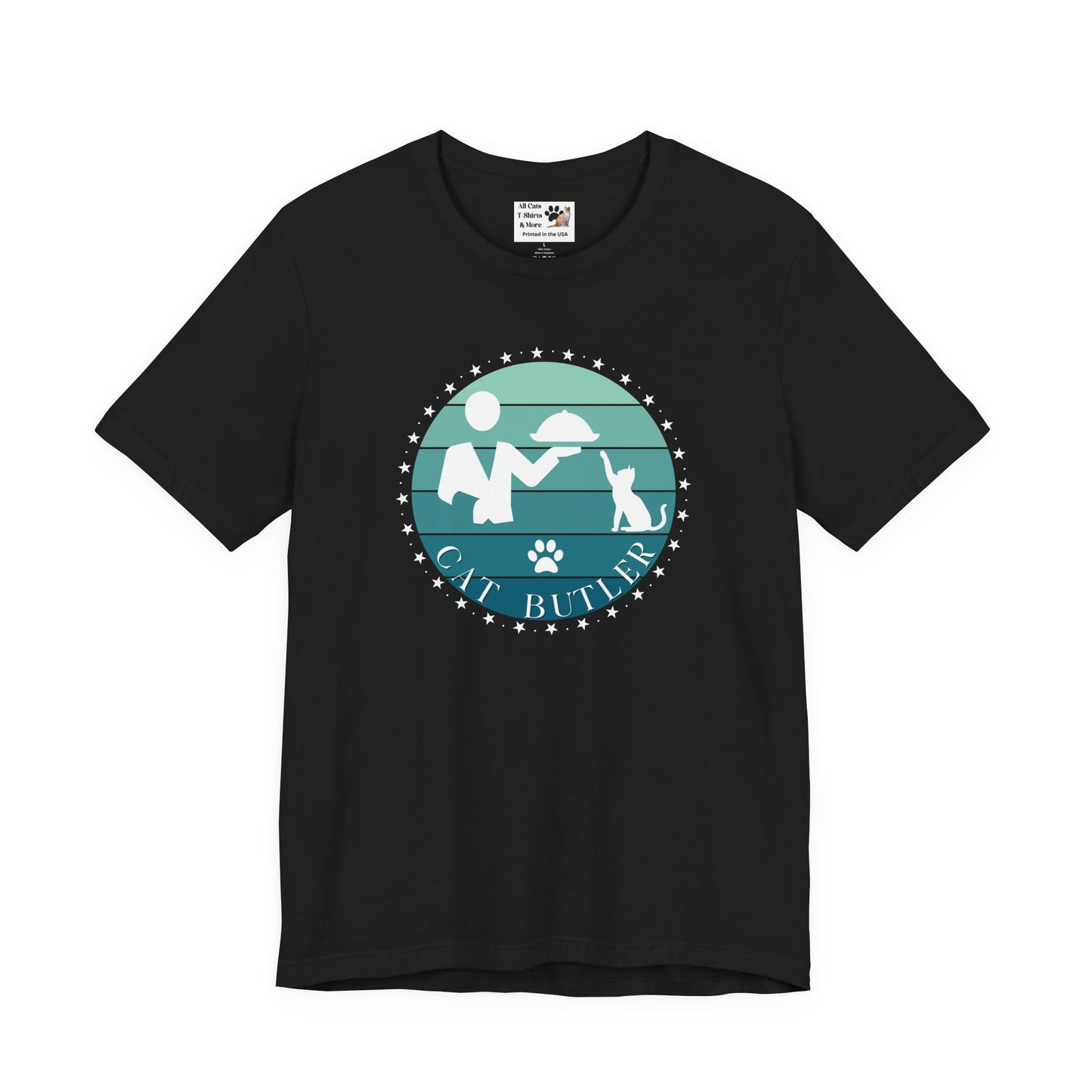 "Cat Butler" T-Shirt - Blue Vintage Sunset Style Graphic - (Unisex Jersey Short Sleeve Tee - Perfect Gift for Cat Lovers!)
