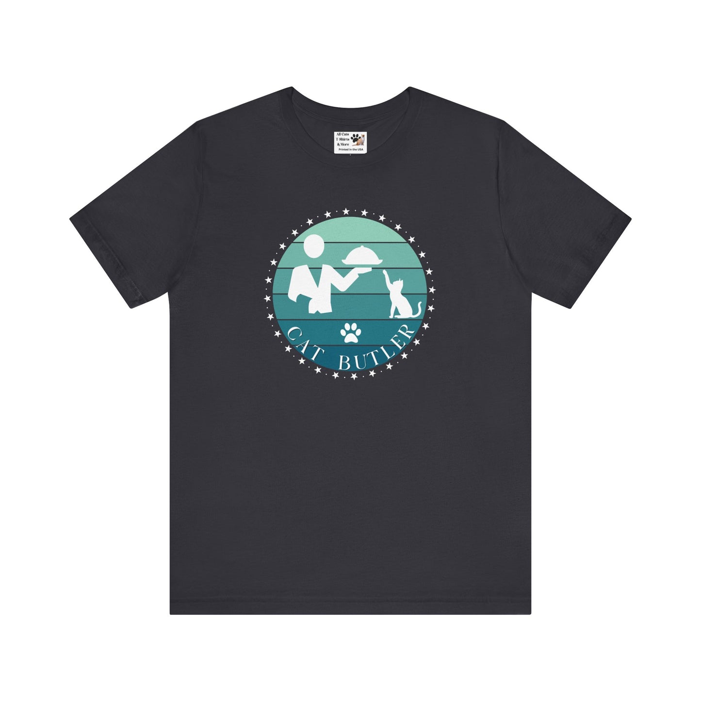 "Cat Butler" T-Shirt - Blue Vintage Sunset Style Graphic - (Unisex Jersey Short Sleeve Tee - Perfect Gift for Cat Lovers!)