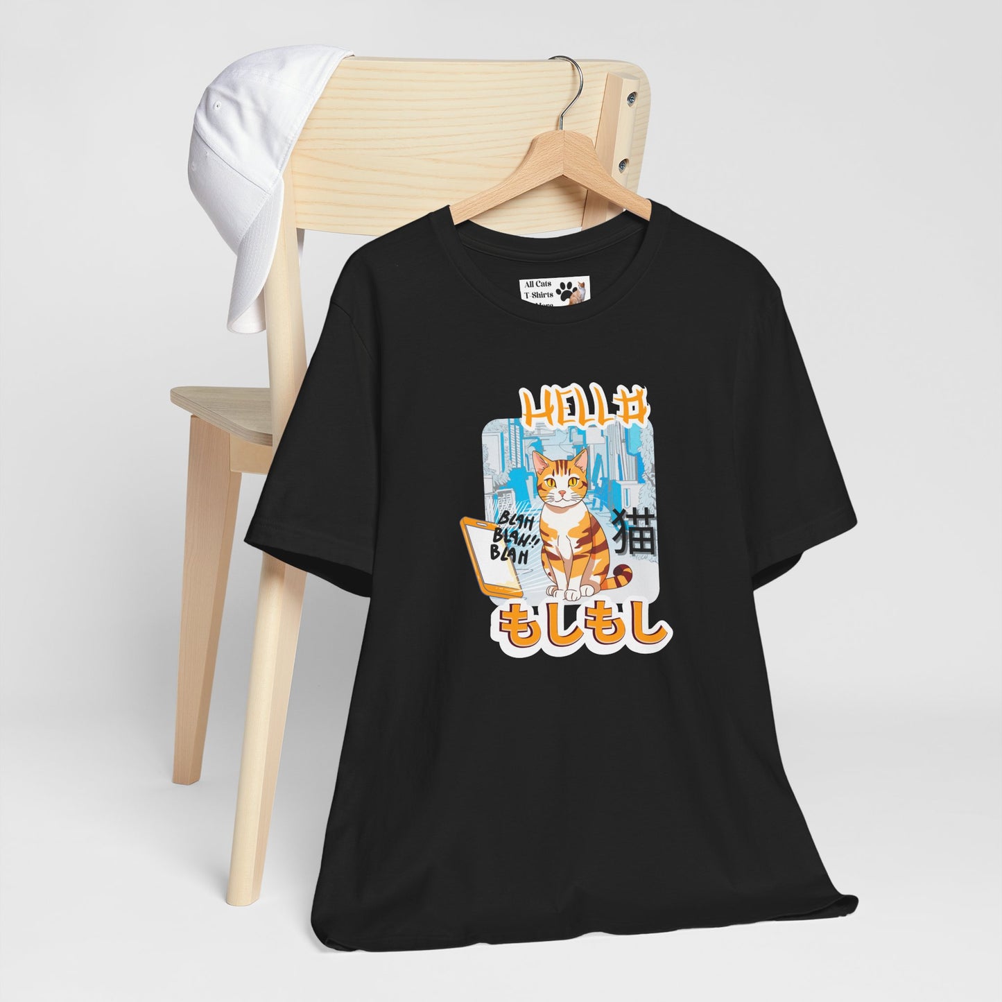 "Hello Mobile Phone Cat" - An Anime Style Graphic Tee - (Unisex Jersey Short Sleeve Tee for Cat Lovers)