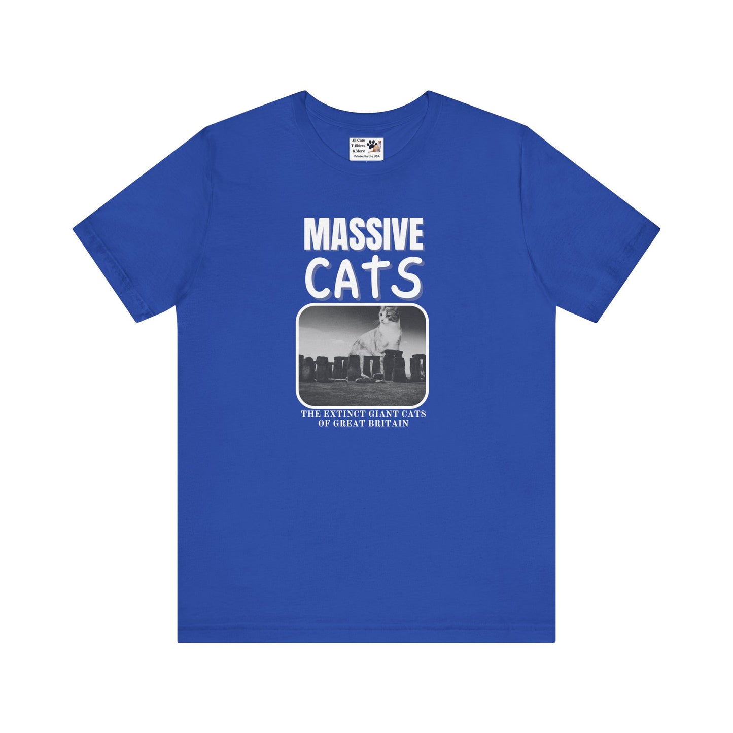 A Massive Cats T-Shirt - Huge Cat Sitting Behind Stone Henge - (Vintage Inspired, Funny Cat Unisex Jersey Tee - Perfect for Cat Fans!)