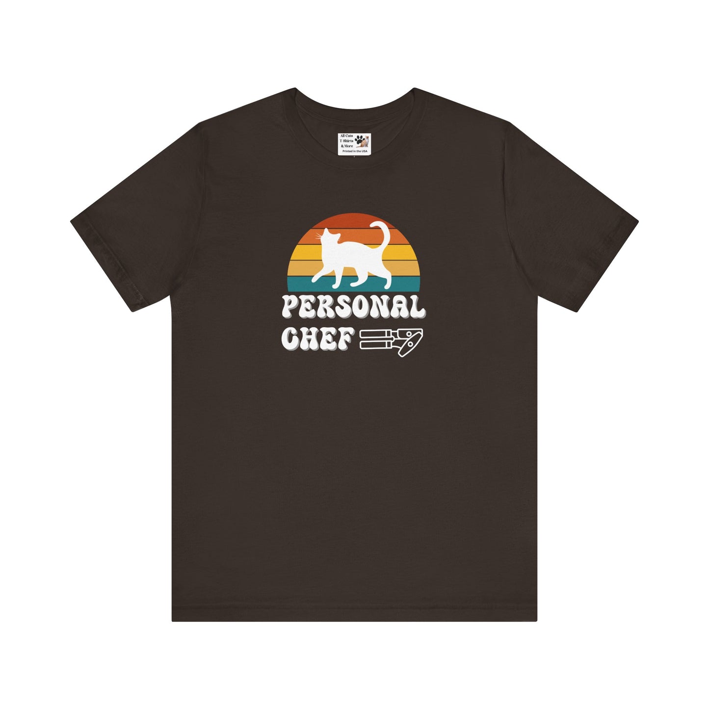 Vintage Sunset Personal Chef for Cats T-Shirt (#17 - White Cat Silhouette & Can Opener - Unisex Jersey Tee – Funny Cat Tee)