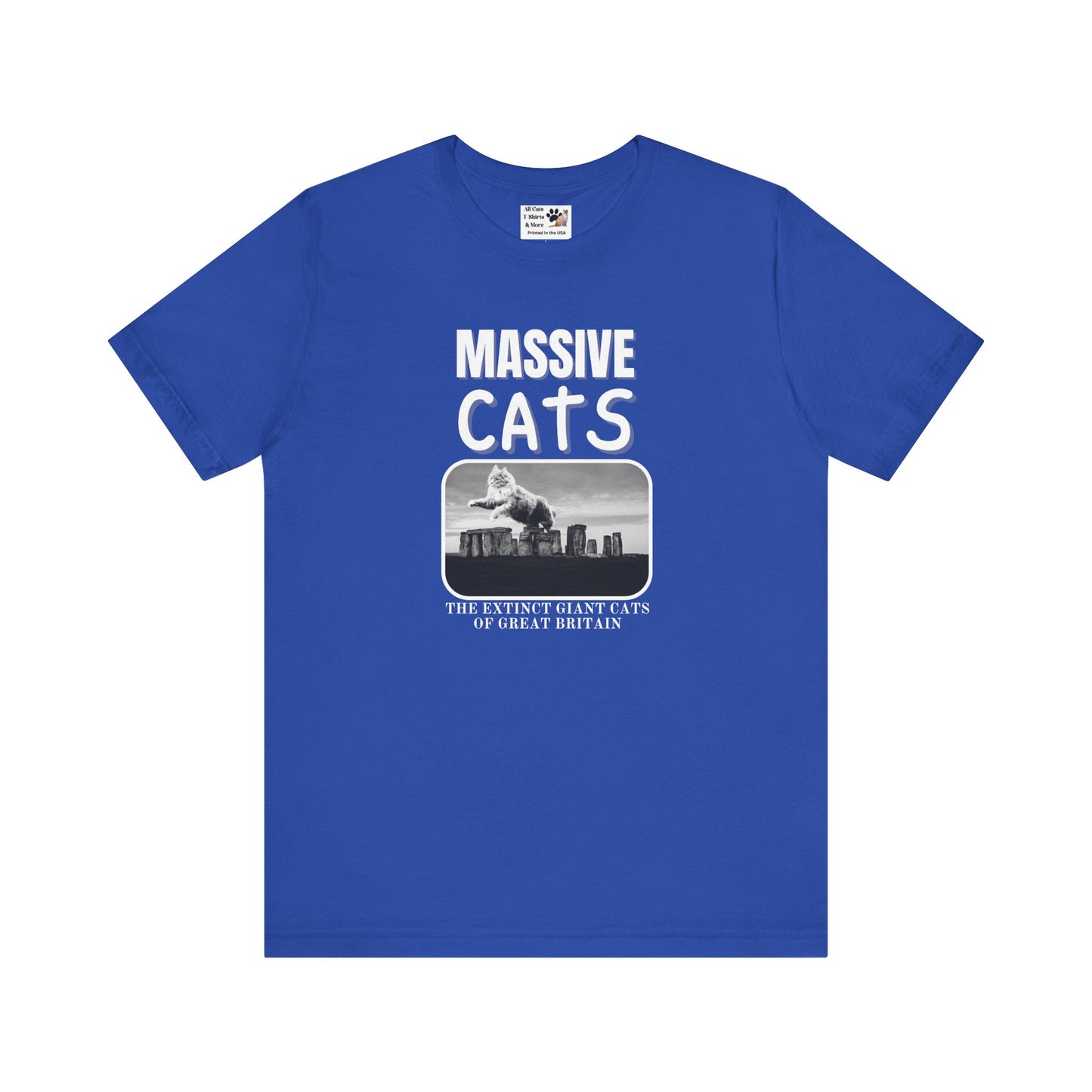 A Massive Cats T-Shirt - Huge Cat Jumping Over Stone Henge - (Funny Cat Unisex Jersey Tee - Perfect for Cat Fans!)