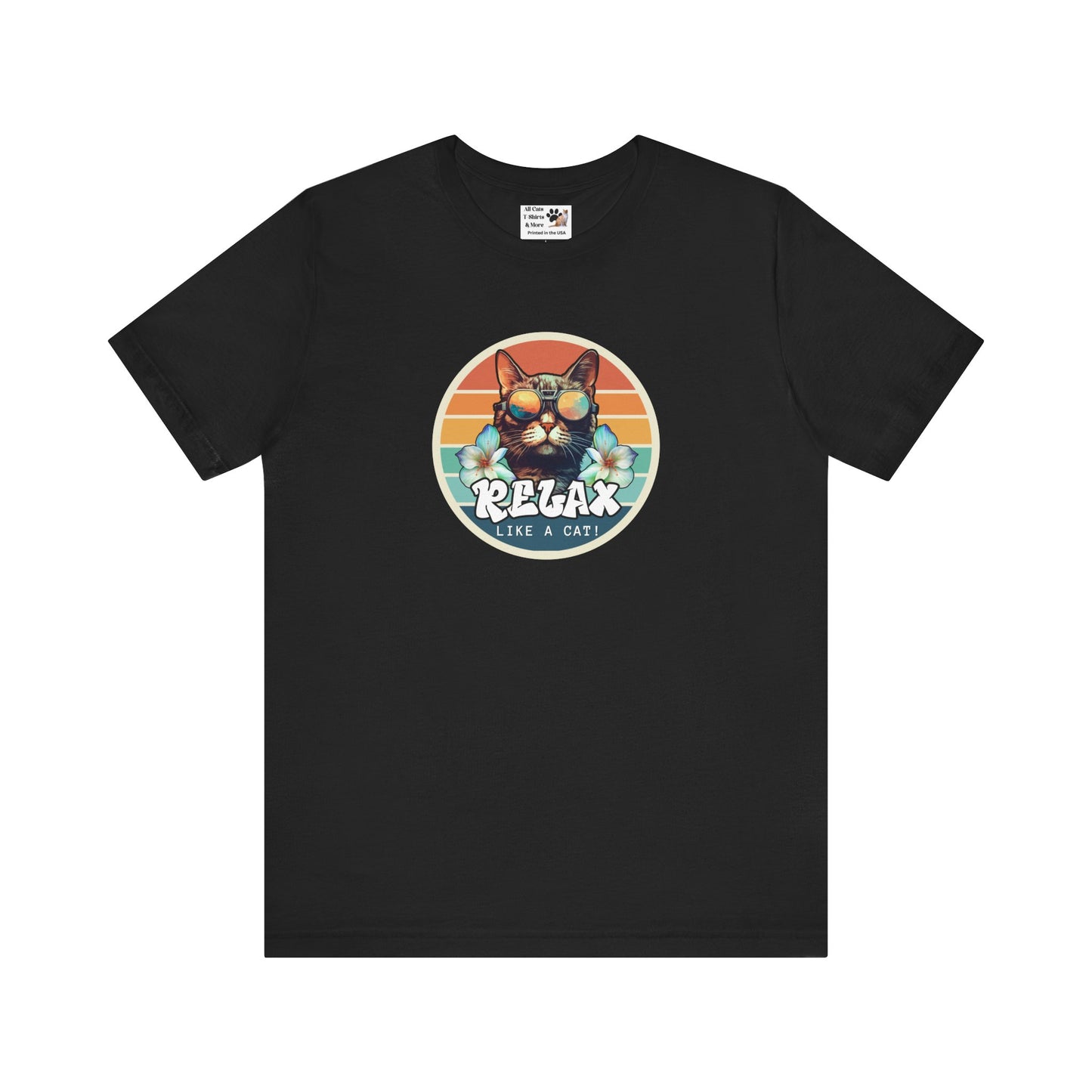 Relax Like a Cat T-Shirt - (Vintage Sunset Style Graphic, Chill Cat Graphic Tee, Unisex Casual Wear, Gift for Cat Lovers)