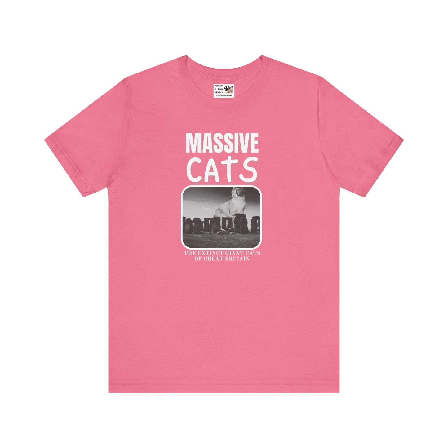 A Massive Cats T-Shirt - Huge Cat Sitting Behind Stone Henge - (Vintage Inspired, Funny Cat Unisex Jersey Tee - Perfect for Cat Fans!)