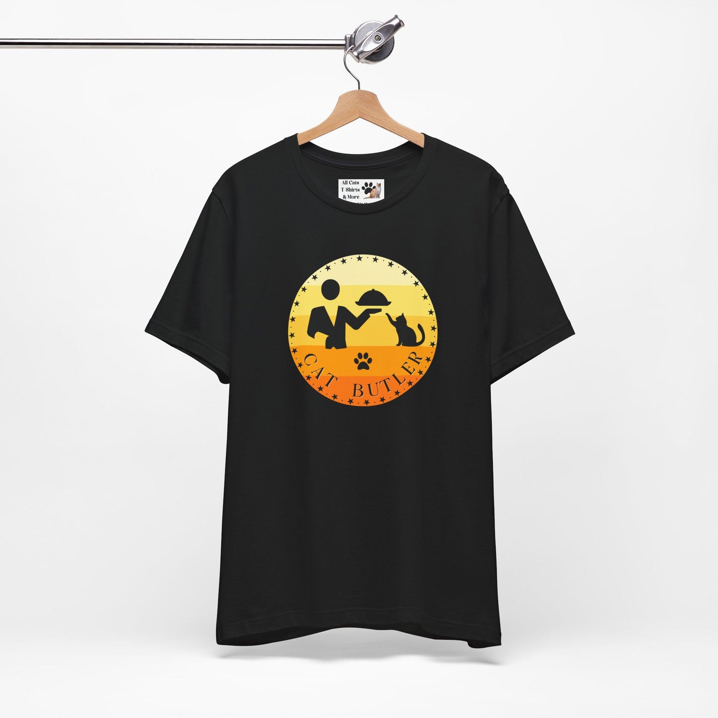 "Cat Butler" T-Shirt - With Vintage Sunset Graphic - (Unisex Jersey Short Sleeve Tee - Perfect Gift for Cat Lovers!)