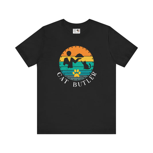 "Cat Butler" T-Shirt - With Vintage Sunset Style Graphic - (Unisex Jersey Short Sleeve Tee - Perfect Gift for Cat Lovers!)