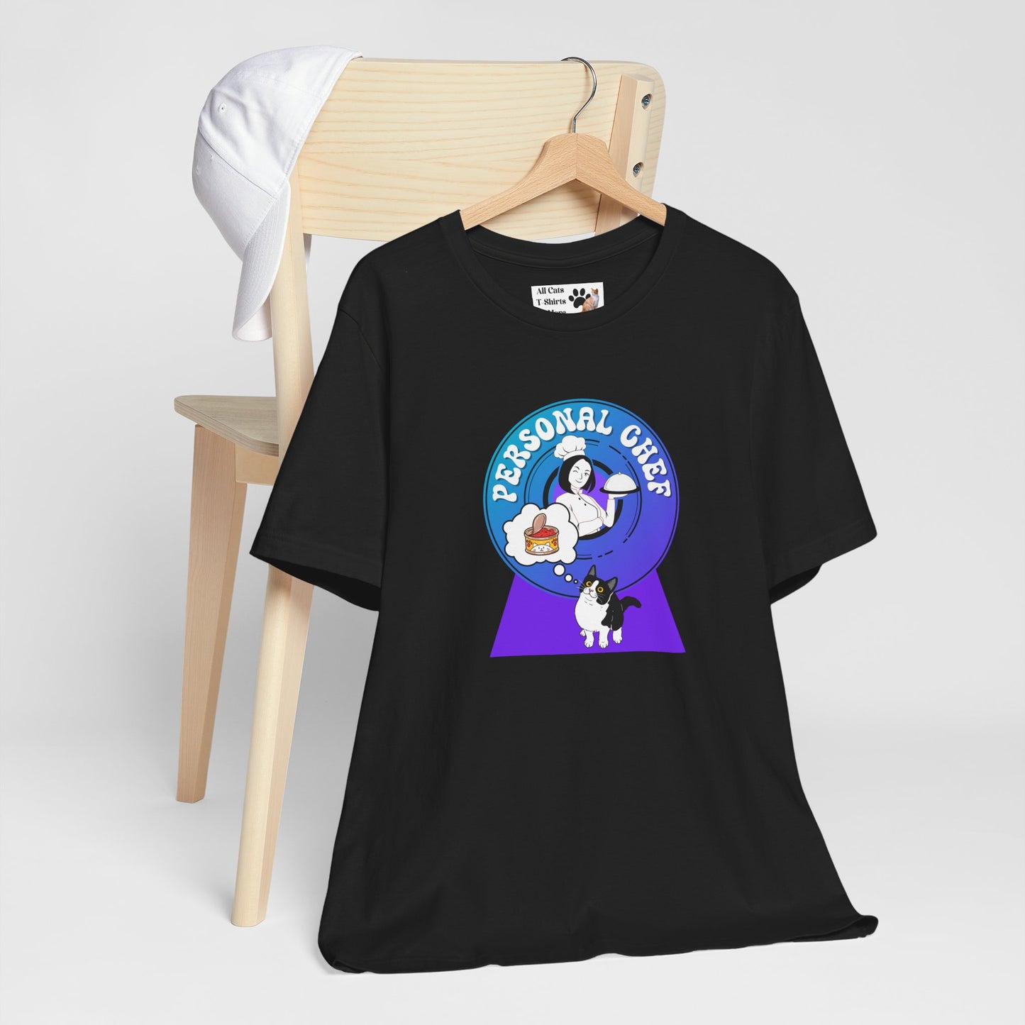 Personal Chef for Cats T-Shirt - (#8 - B/W Cat & Chef Blue Purple Design - Unisex Jersey Tee – Perfect for Cat Care Givers!)