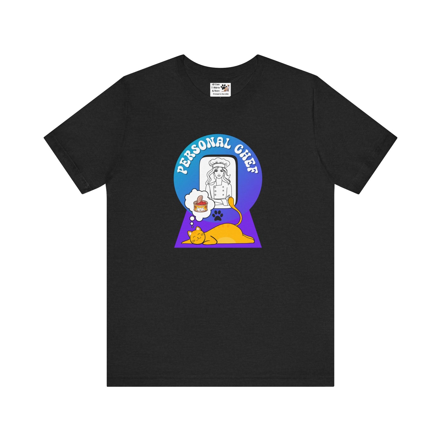 Personal Chef for Cats T-Shirt - (#12 - Orange Cat & Chef Blue Purple Design - Unisex Jersey Tee – Perfect for Cat Care Givers!)