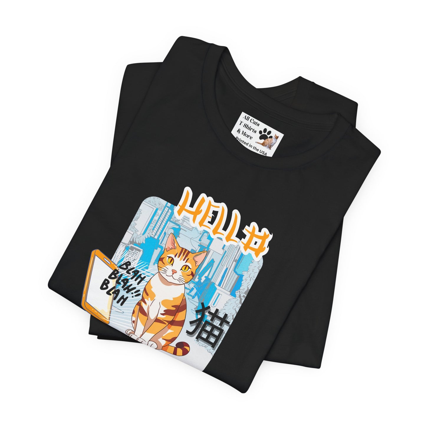 "Hello Mobile Phone Cat" - An Anime Style Graphic Tee - (Unisex Jersey Short Sleeve Tee for Cat Lovers)
