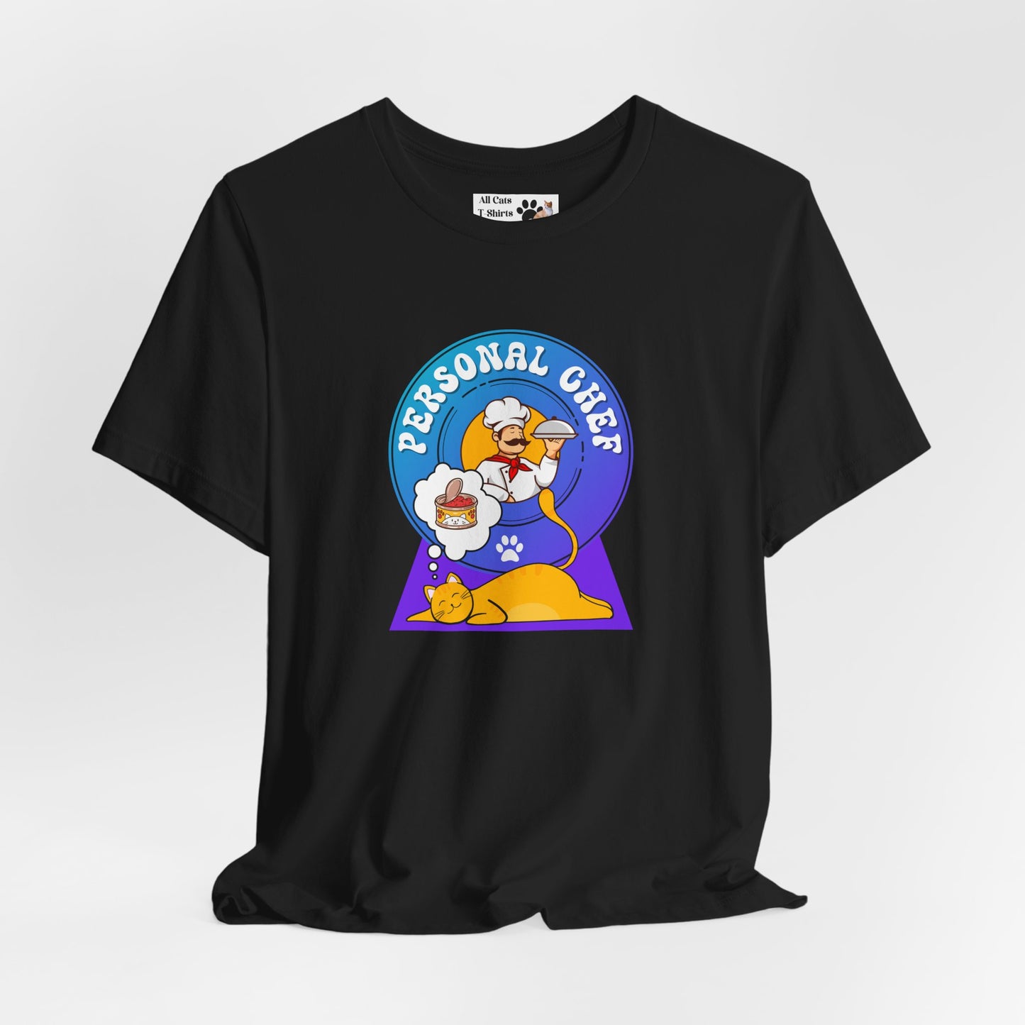 Personal Chef for Cats T-Shirt (#1 - Orange Cat Blue Purple Design - Unisex Jersey Tee ā Perfect Cat Care Givers!)