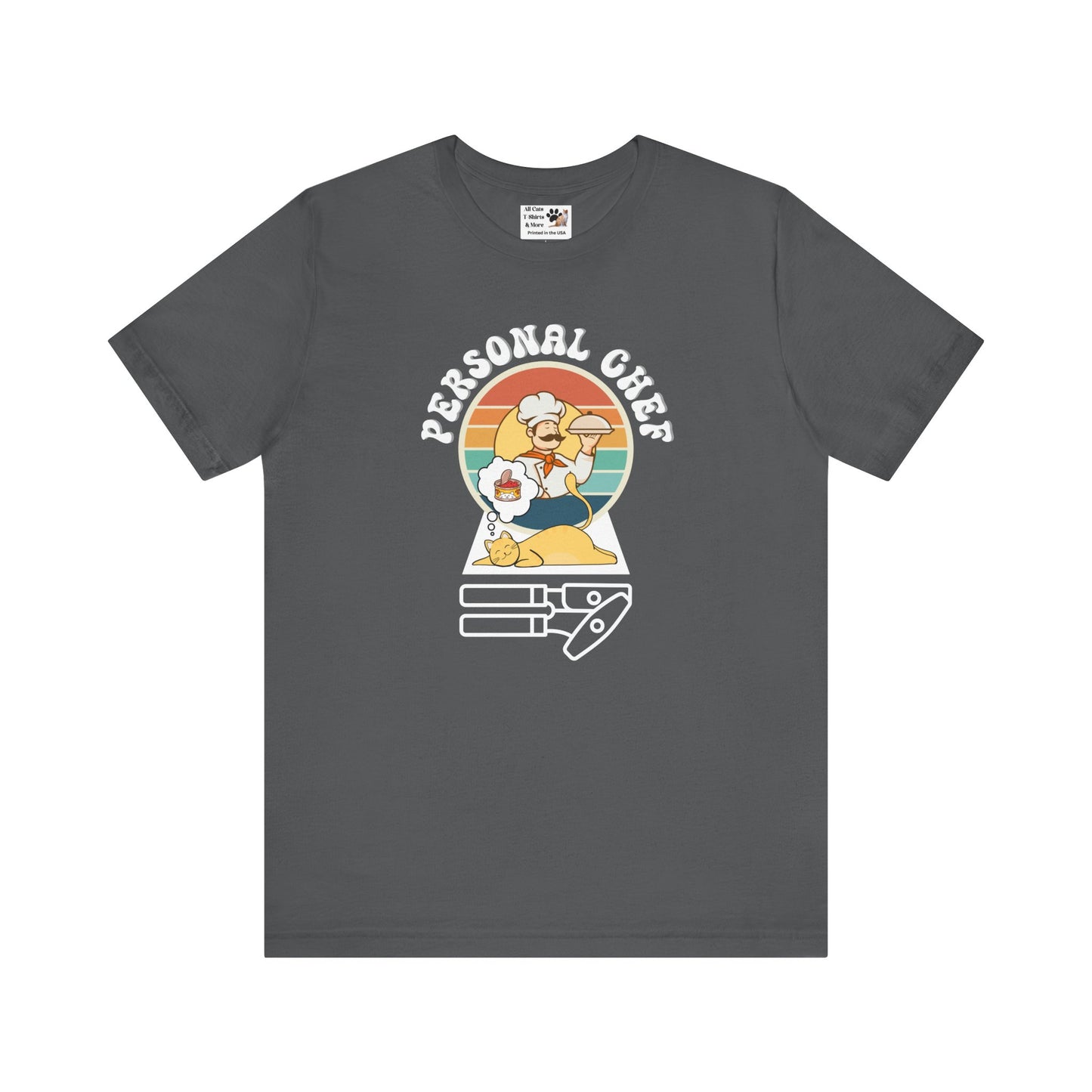 Vintage Style Personal Chef for Cats T-Shirt (#14 - Cat, Chef & Can Opener - Unisex Jersey Tee – Funny Cat Tee)