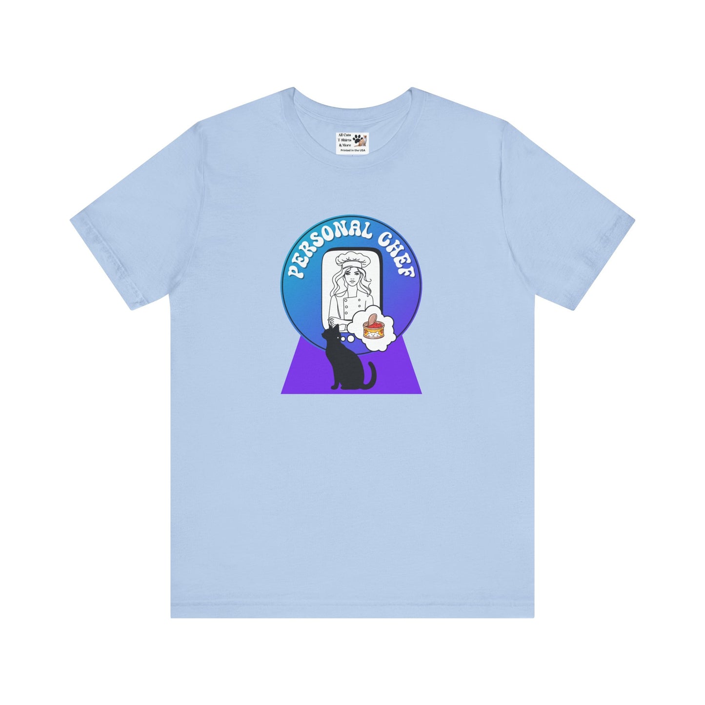 Personal Chef for Cats T-Shirt - (#11 - Black Cat Silhouette & Chef Blue Purple Design - Unisex Jersey Tee – Perfect for Cat Care Givers!)